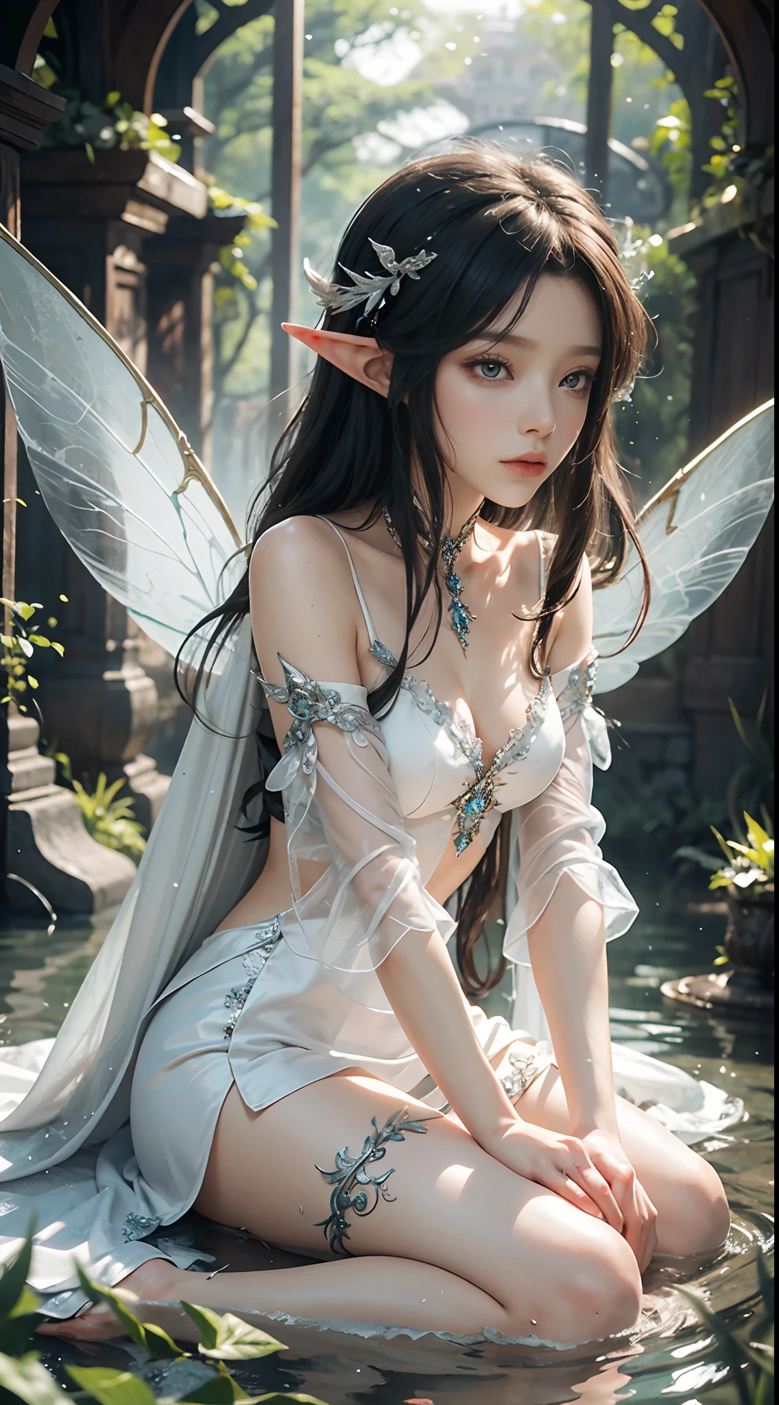tmasterpiece，top-quality，orthofacial，Dressed in white，White angel wings，The feeling of being high，Elves flutter in the air，An ancient and mysterious palace，Fantastic white，A sense of fatalism，best qualtiy，Main layout，Light lighting，Ishimaru，the elf，Gauze sleeves，water fairy，closeup fantasy with water magic，Pixie in hand，Hand cast spells，Ethereal fantasy，fairy aesthetics，astral fairy，Beautiful Elf Queen，ethereal fairytale，fantasy aesthetic！，Fairy tale core，anime cosplaying，EtherealBeauty，Fantasy art style，Anime girl role play，Ethereal fantasy，Beautiful fairy in white