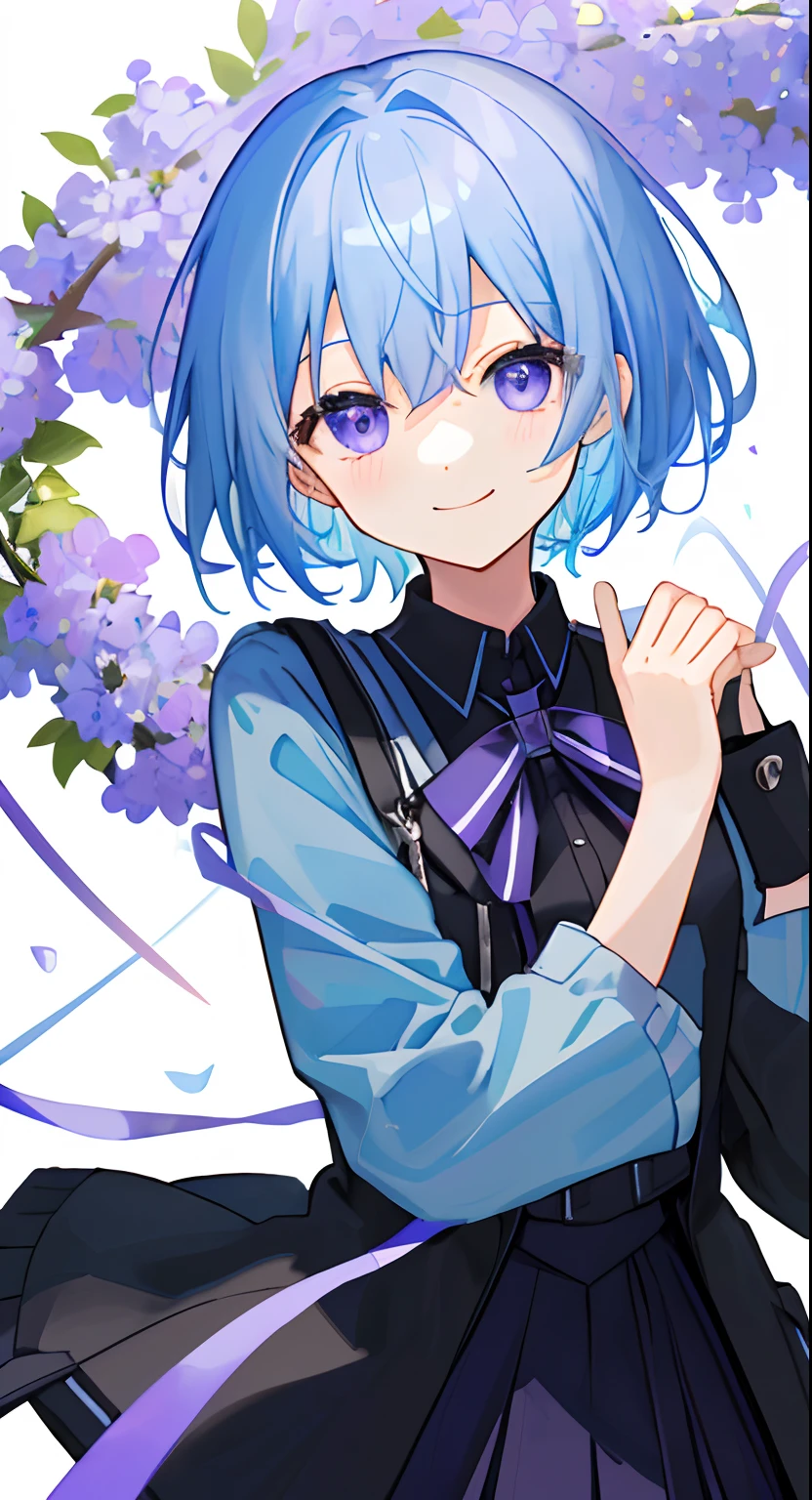 ((​masterpiece、top-quality)),1girl in, 1 Contemporary,Light blue hair、Purple eyes、Black uniform、Wearing a black jacket、Wow、looking at the viewers、hair adornments、short-hair、be shy、girl with、elementary student、A smile、Cute smile、angelicales