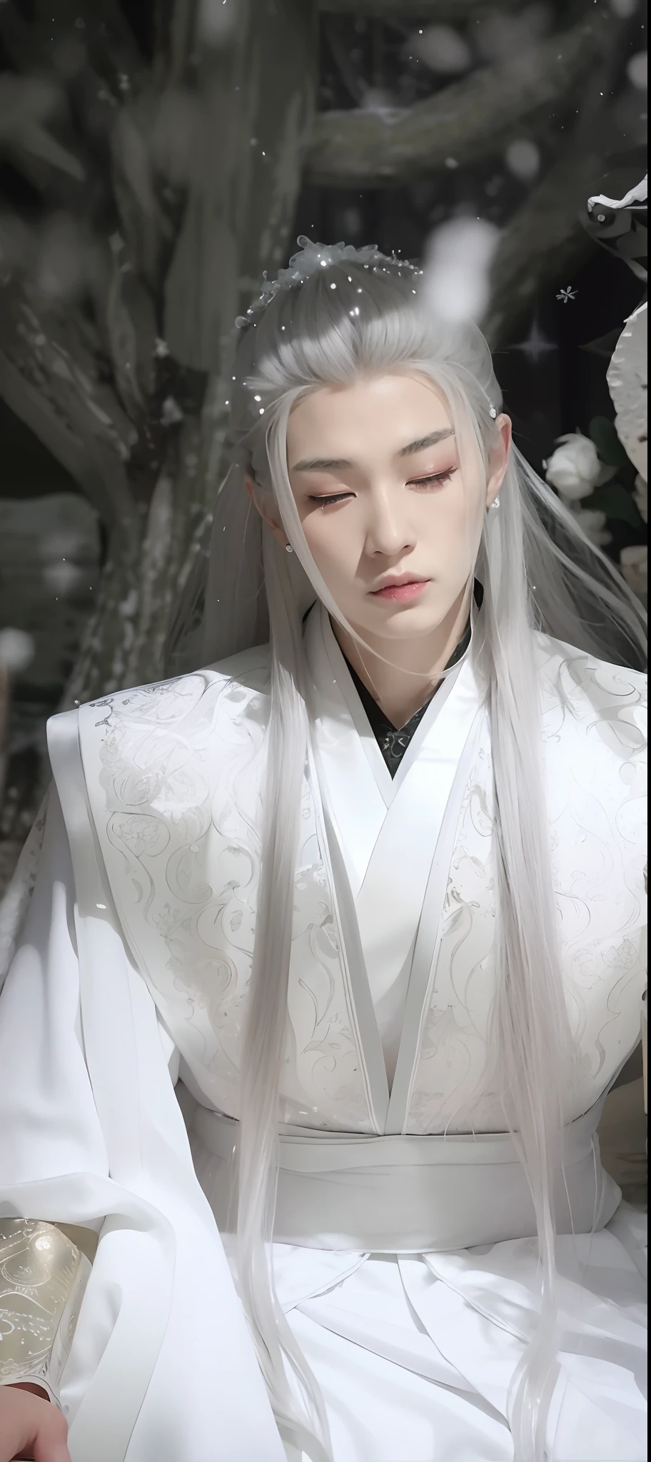 Arad woman in white dress sitting in the snow with white hair, White Hanfu, Inspired by Zhang Han, flowing white robe, with long white hair, long white hair, Inspired by Seki Dosheng, flowing hair and long robes, white-haired god,, Beautiful androgynous prince