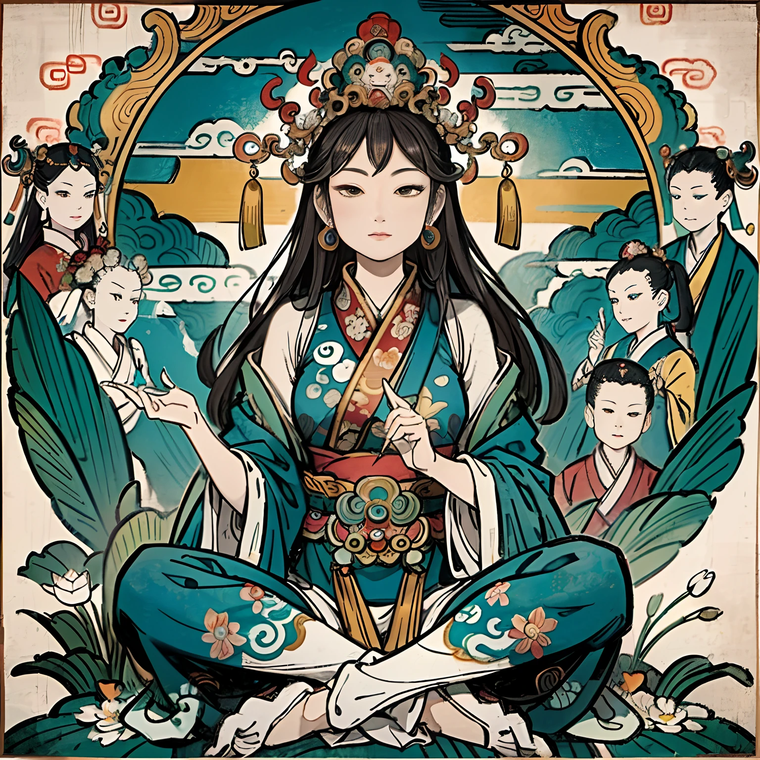 an ancient Chinese goddess, guanyin of the southern seas, Guanyin, Inspired by India, Avalokiteshvara rides a lion，,Serene expression,shui mo hua,Buddha,Buddhist,Lotus,Chinese painting style,Thangka style