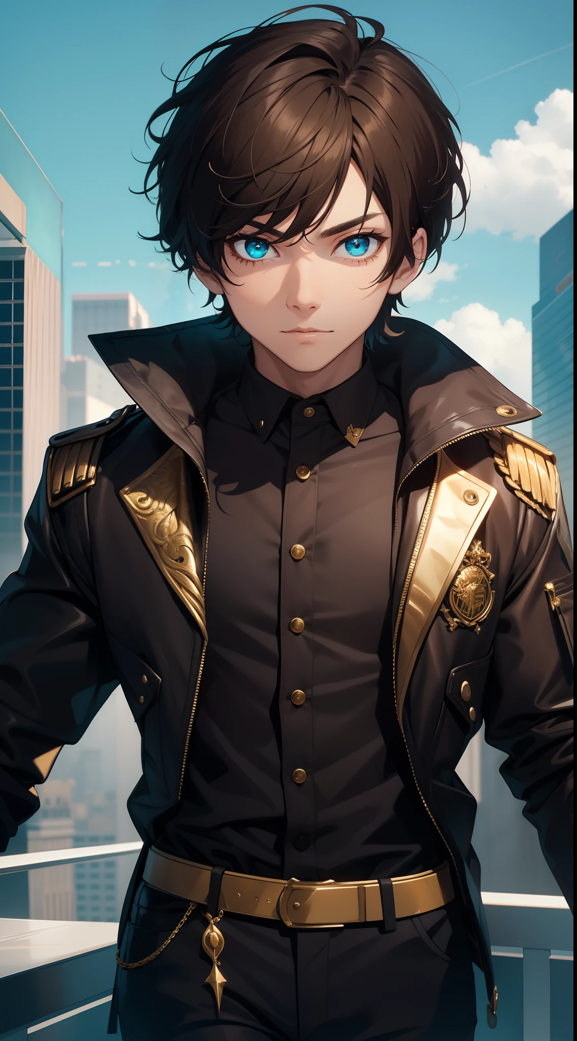 Young guy, short brown hair, Cyan eyes, Black costume with gold elements, Masterpiece, hiquality