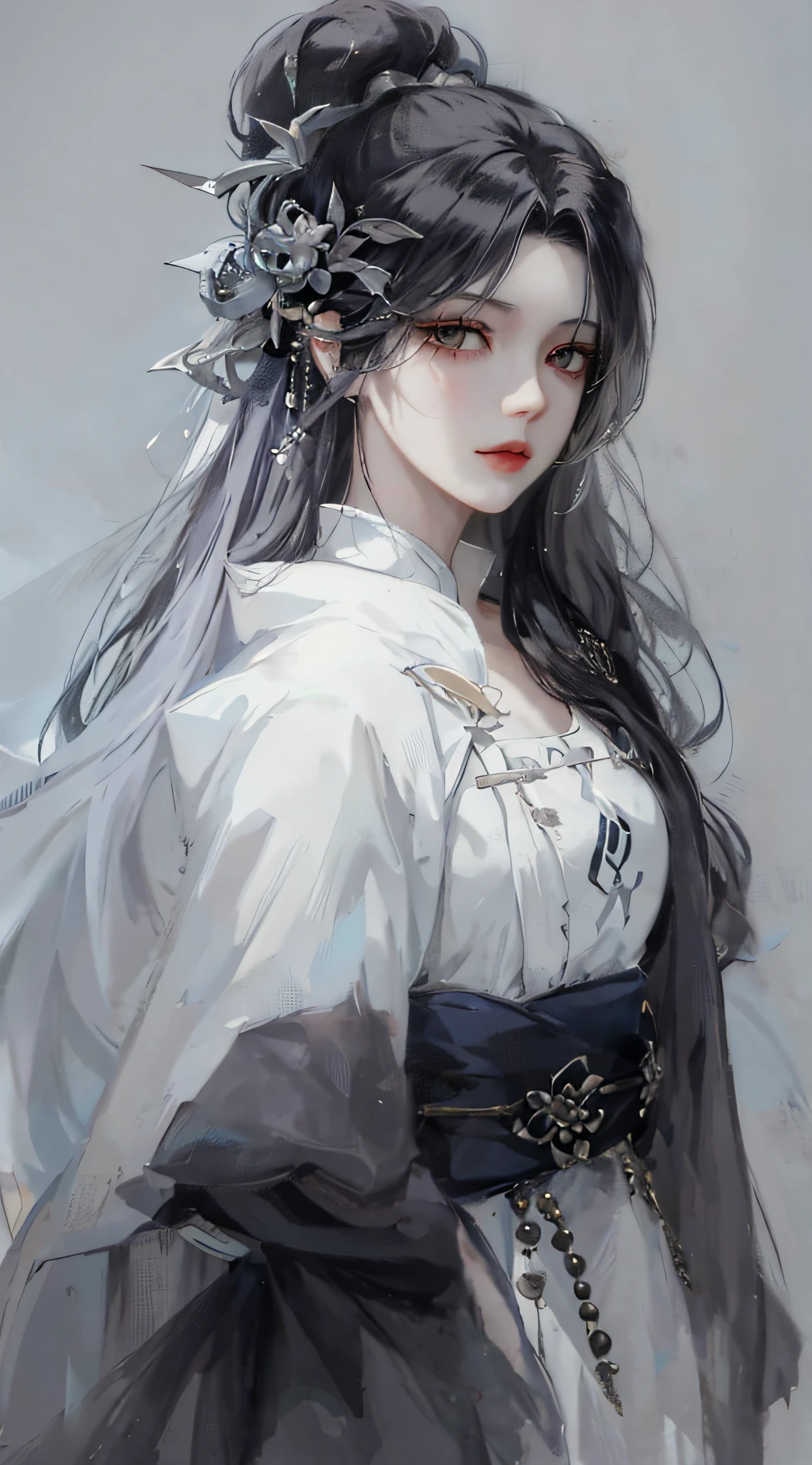 tmasterpiece,close-up of a woman with white hair and white mask,Belle peinture de personnage,Guviz,Guviz-style artwork,White-haired god,Yang J,Epic and beautiful character art,Stunning character art,FAN Qi,Wu Zhun Shifan,Guvitz at the Pixiv Art Station,Ancient wind,Mountains and rivers,Large breasts,red color eyes
