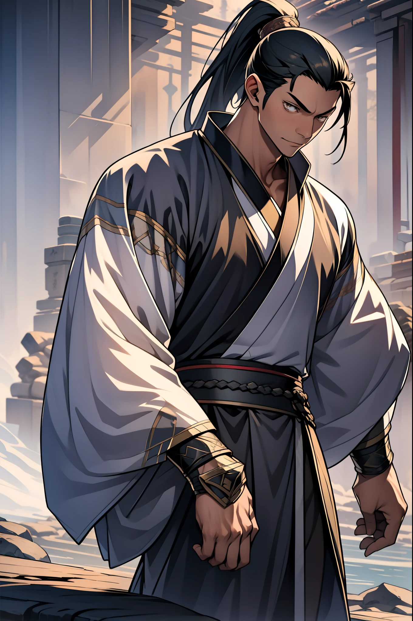 quadratic element,style of anime,mtu(Male Warrior),The proportions are correct,Face details,swordsmen,High ponytail hairstyle,Neck details,There is an Adam's apple,Black Hanfu,kaftan,Embroidered robes,Black robe,clothes details,Handing over,longer sleeves,Game quality,Swordsmanship,Light and shadow tracking,Ray traching,detailed glow,cg render,hair detail,long white hair,Black eyes,Handsome,Handsome,(juvenile sense),Clothing is complicated,Perfectcomposition,Refinement,high qulity,higher details,Lots of details,The background is complex,a sense of atmosphere,