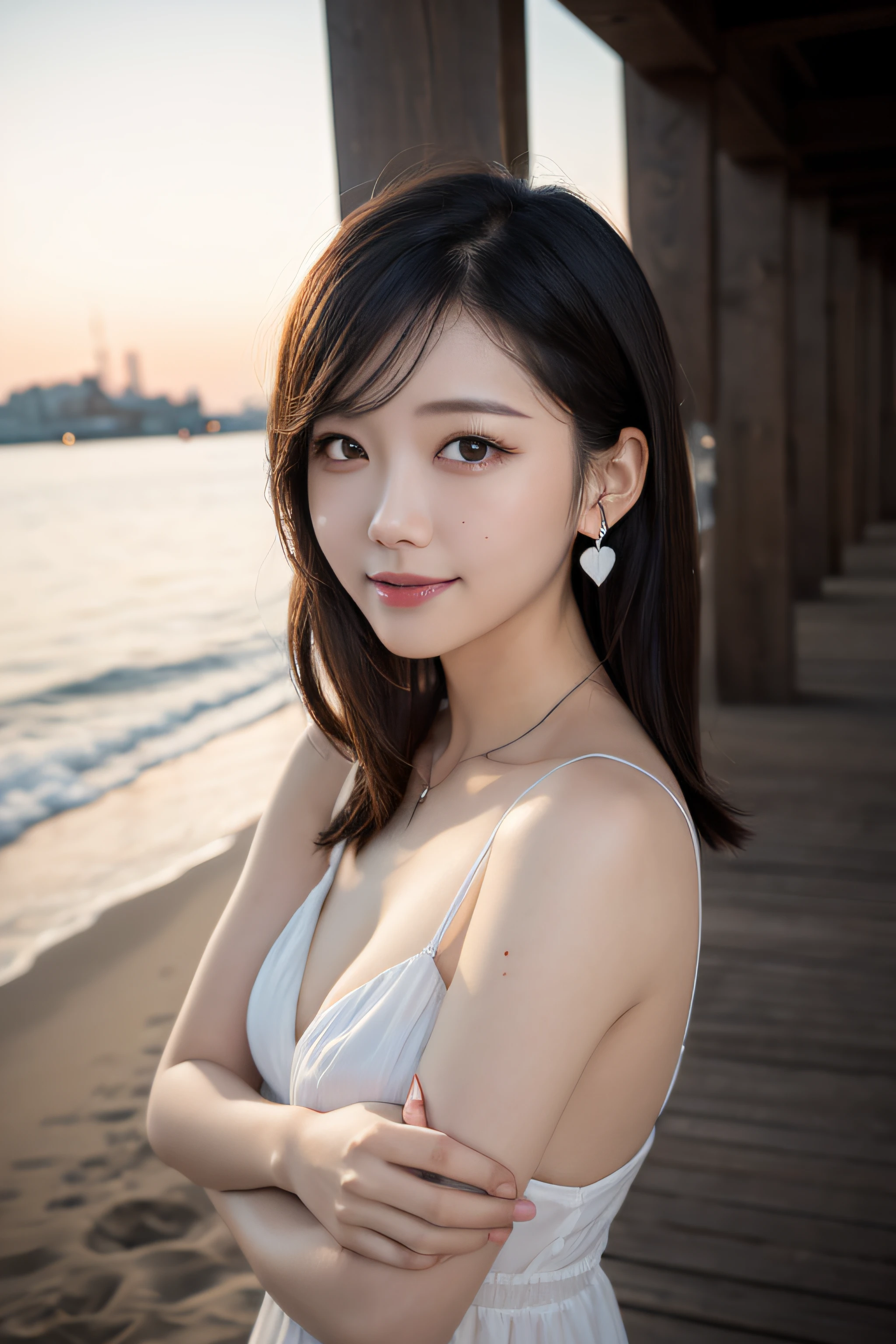 a woman,1 girl,black hair, hair bobbles, longeyelashes, solid circle eyes, light smile, mole under eye, heart earrings, light smile, shy, puckered lips, Surrealism, drop shadow, stereogram, pov, atmospheric perspective, depth of field, first-person view, f/1.8, 8k, super detail, ccurate, best quality, highres, best quality,full body,professional lighting,moonlight,evening,beach,fold your arms behind head:1.5