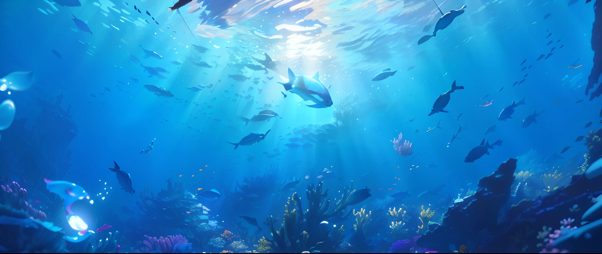 there are many fish swimming in the ocean together, Blue sea. By Makoto Shinkai, Underwater market, abzu, by Ghibli Studio、Pixar and Abzu, undersea environment, Makoto Shinkai. —h 2160, ocean floor, award winning concept art, underwater environment, ocean floor, Shinkai sincerely, Volumetric underwater lighting,8k smooth, RAW photo, Best quality, Masterpiece:1.4,Cinematic art ultra high resolution, Ultra-detailed, Hyper-realistic,Realistic rendering and detail,octane