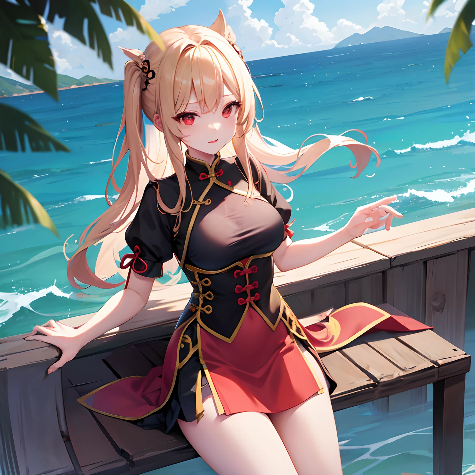 a blond、red eyes、One pretty girl、独奏、animesque、Black china clothes、sea side、a miniskirt