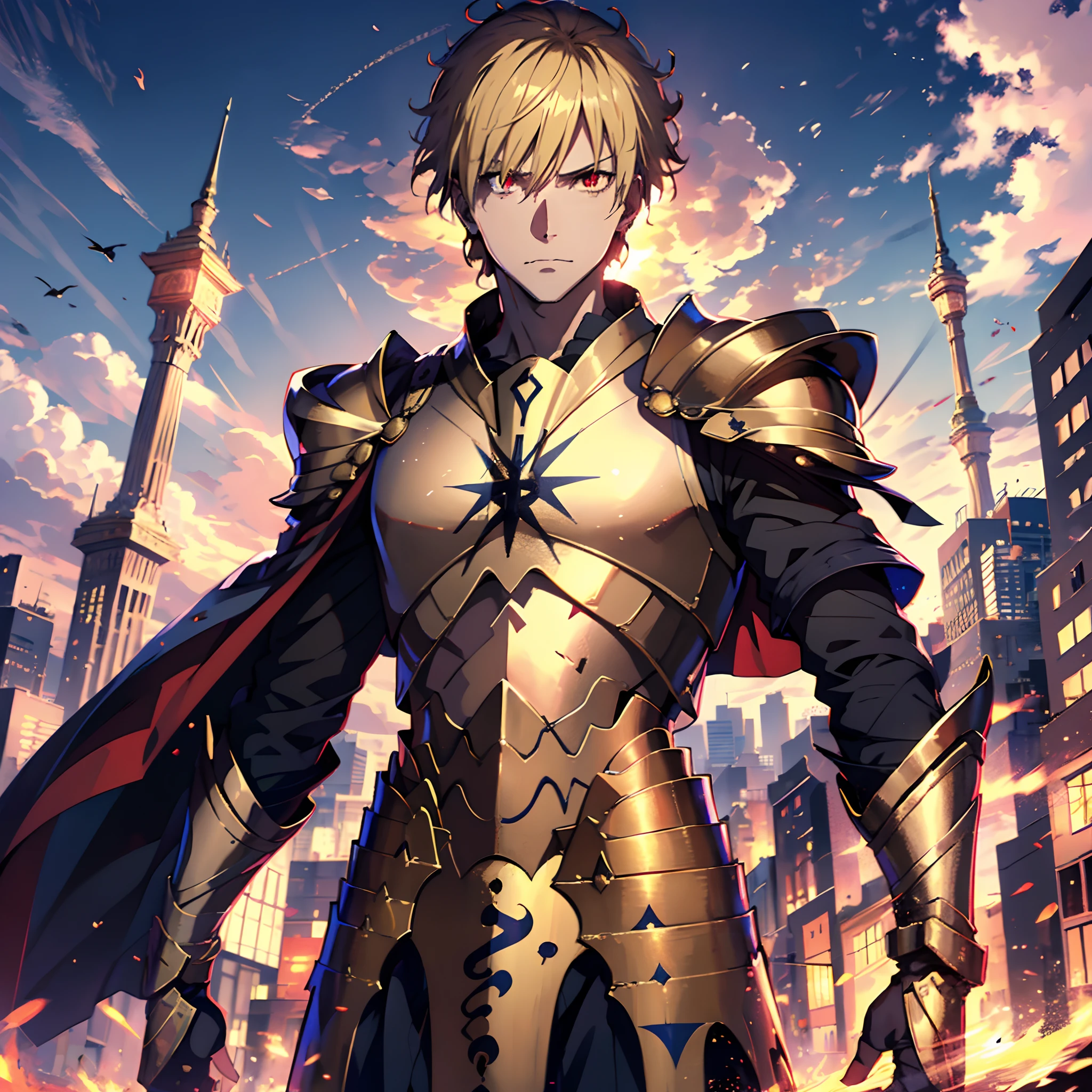 (absurdres, highres, ultra detailed),(Masterpiece, best quality:1.2),1man, Gilgamesh,Fate zero, extremely detailed eyes,Red eye colour,gold hair colour,short hair, wearing gold armour,king of heaven, surrounded by swords, absolutely stunning art, extremely detailed, wallpaper 4k,