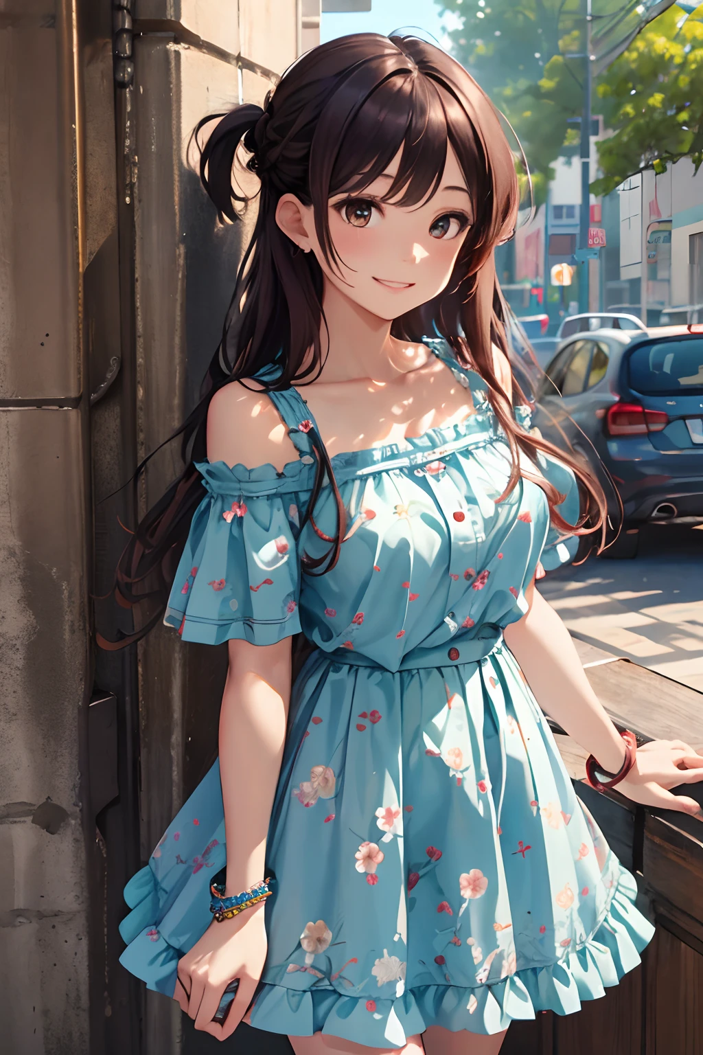 masterpiece, best quality, highres, chi1, 1girl, long hair, one side up, solo, bracelet, bangs, bare shoulders, blue shirt, floral print, short sleeves, off-shoulder shirt, frills, blue skirt, cowboy shot, smile,