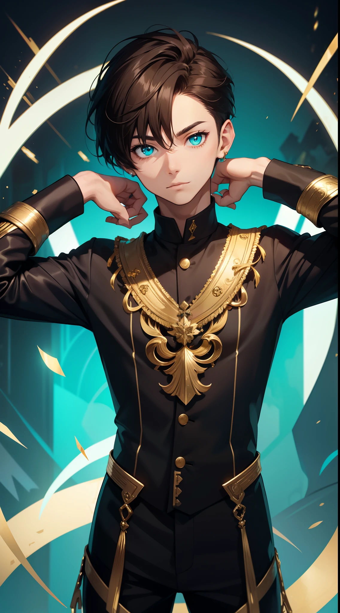 Young guy, short brown hair, Cyan eyes, Black costume with gold elements, Masterpiece, hiquality