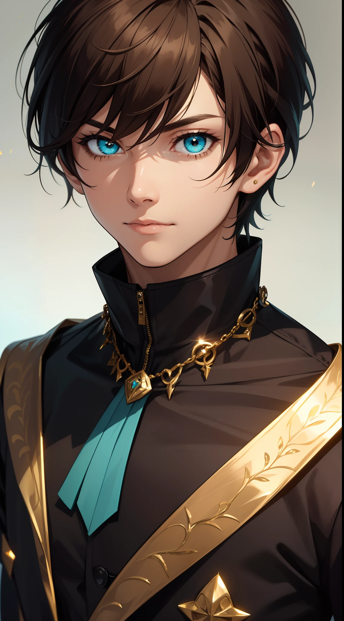 Young guy, short brown hair, Cyan eyes, Black costume with gold elements, Masterpiece, hiquality