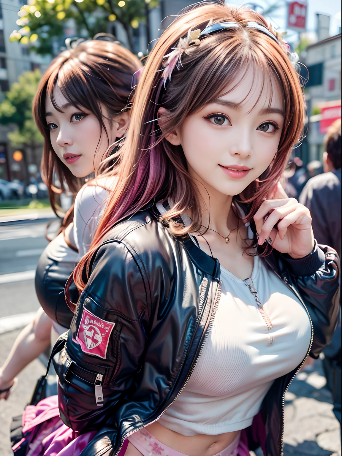 (masutepiece), (Best Quality), Realistic, Photorealism, 1girl in, Beautiful Girl, Perfect face, Perfect body, Sexy, (((Upper body wears only an air bomber jacket)))、(((Do not close the zipper))), No bra, Braless, Smile、Taut、Toned waist、fascinating butt、Plaid miniskirt、(((Lift skirt with hand to expose pink sexy panties)))、Wearing a pistol holder on the thigh、Smile full of happiness、Attractive pretty woman、Detailed cute big blue eyes、Detailed cute face、complexion with good blood circulation、pink cheek、Maroon medium hair、(((stick out)))、 Erect 、