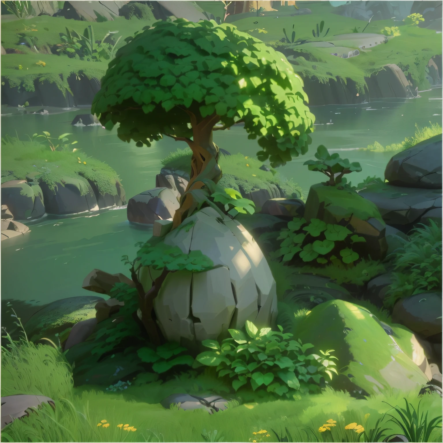 There is a small tree growing out of the rock, Stylized concept art, stylized vegetation, Stylized game art, 3 d render stylized, stylized 3d render, stylized as a 3d render, stylised painting, painted as a game concept art, environmentart, stylized pbr, environment painting, fantasy magical vegetation