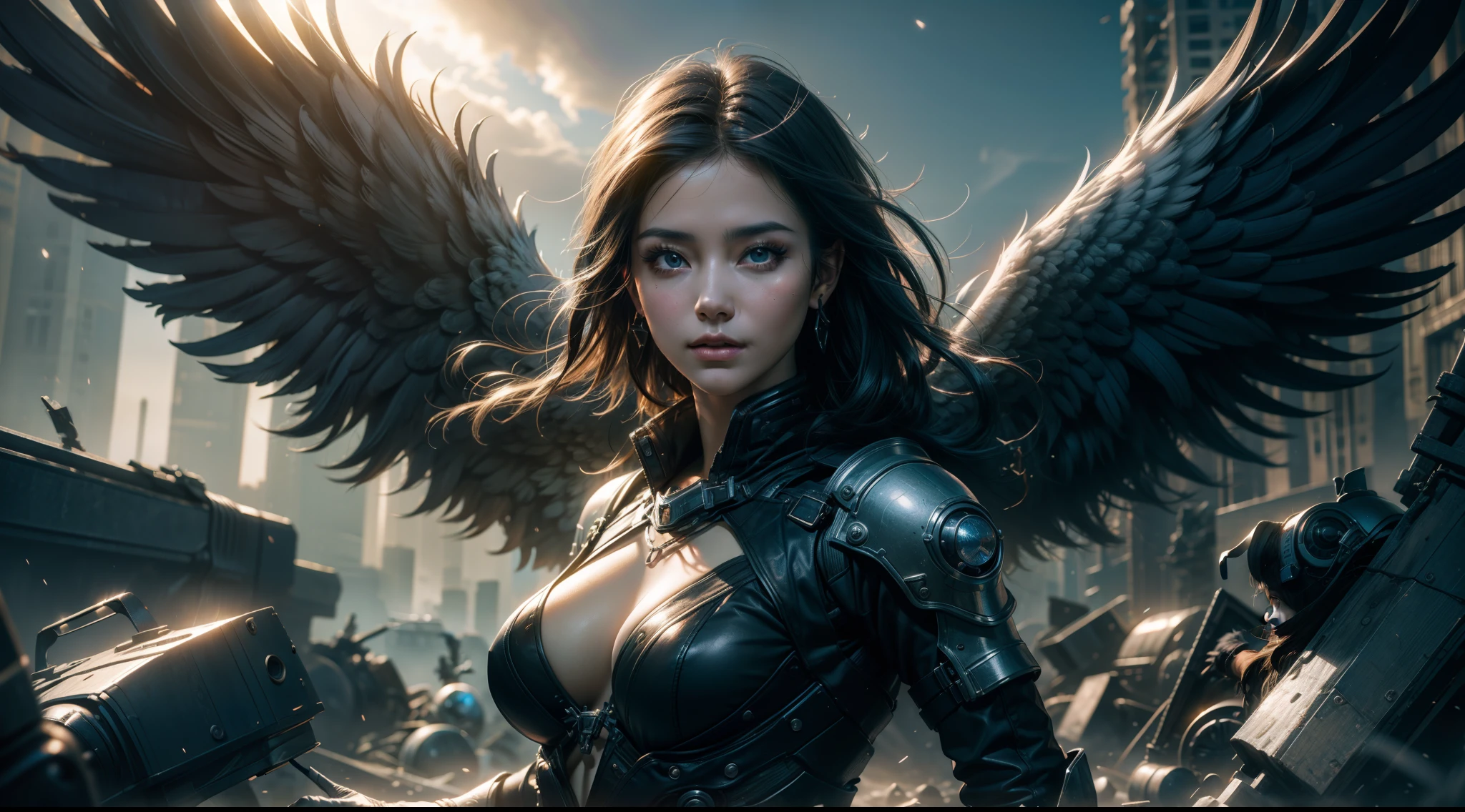 ((best qualtiy)), ((tmasterpiece)), ((Realistis)), (A detailed), (realisticlying:1.5),illusory engine, (High detail: 1.9),(femele:1.4),(big breasts beautiful: 1.4),(carismatic:1.3), (Large breasts), Female angel,Black feathered wings,beuaty girl,beauitful face, looking at viewert, dynamicposes, postapocalyptic, Destroyed city background, scientific fiction, hdr, Ray traching, NVIDIA RTX, Hyper-Resolution, Unreal 5, sub surface scattering, PBR textures, Post-processing, Anisotropic filtering, depth of fields, Maximum clarity and sharpness, trichotomy,8K original,(Luminous Particle:1.4),(VerydetailedCG,Unity 8k壁纸,cinmatic lighting,lens flare glow),Reflectors,Sharp focus,