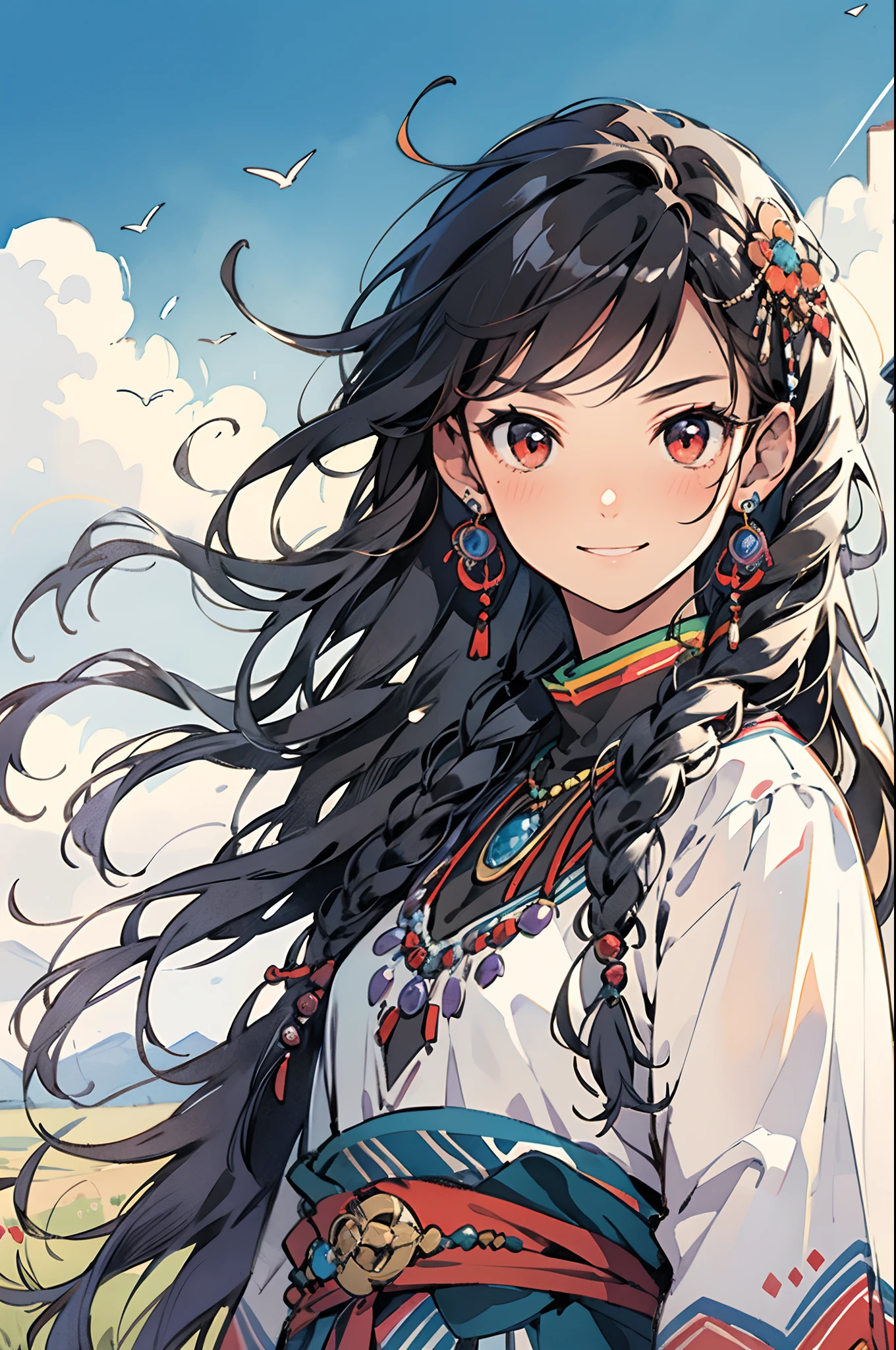 masterpiece,best quality, 1 girl, Tibetan,black hair, red eyes, Medium length hair, half real, earrings, rainbow,standing,plateau,blue sky,grassland,extreme detailed,torogao,smile,headgear,