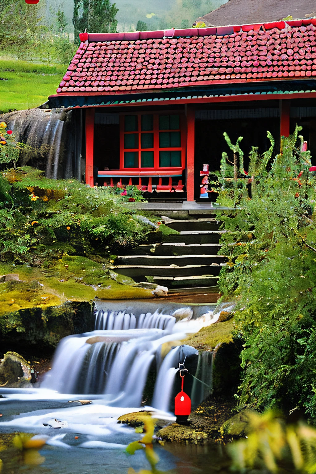 Quaint little village,Small red lanterns hang in front of each house,Scattered in mountain streams,In the distance, there is the pleasant sound of a small waterfall,The stream is gurgling,From time to time, deer come to drink。