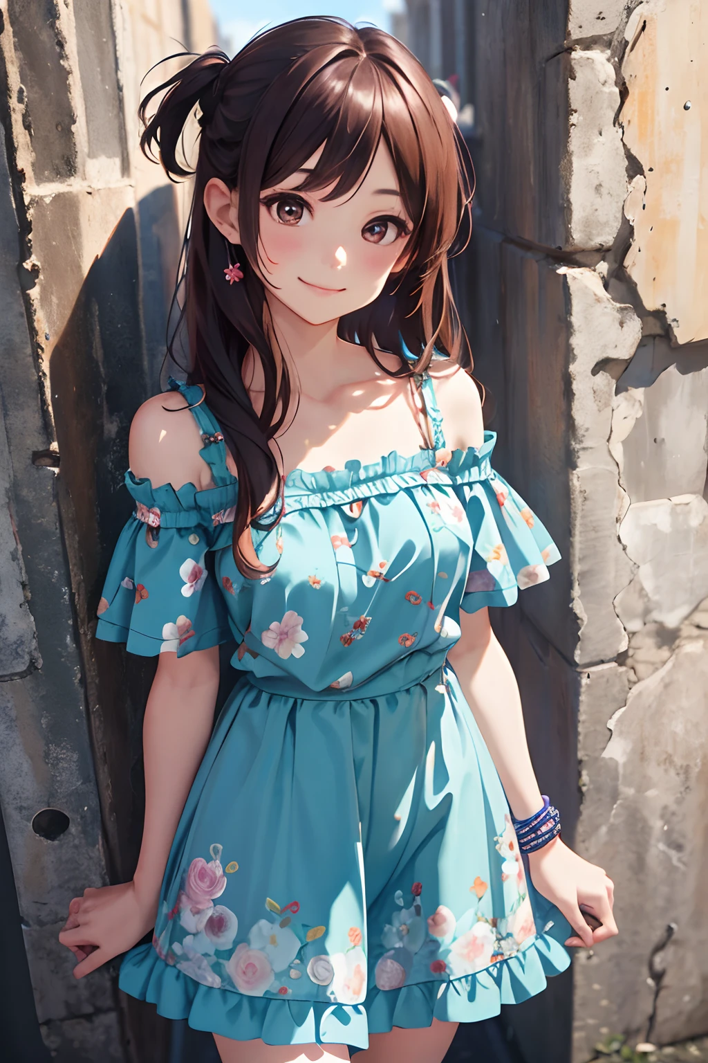 masterpiece, best quality, highres, chi1, 1girl, long hair, one side up, solo, bracelet, bangs, bare shoulders, blue shirt, floral print, short sleeves, off-shoulder shirt, frills, blue skirt, cowboy shot, smile,