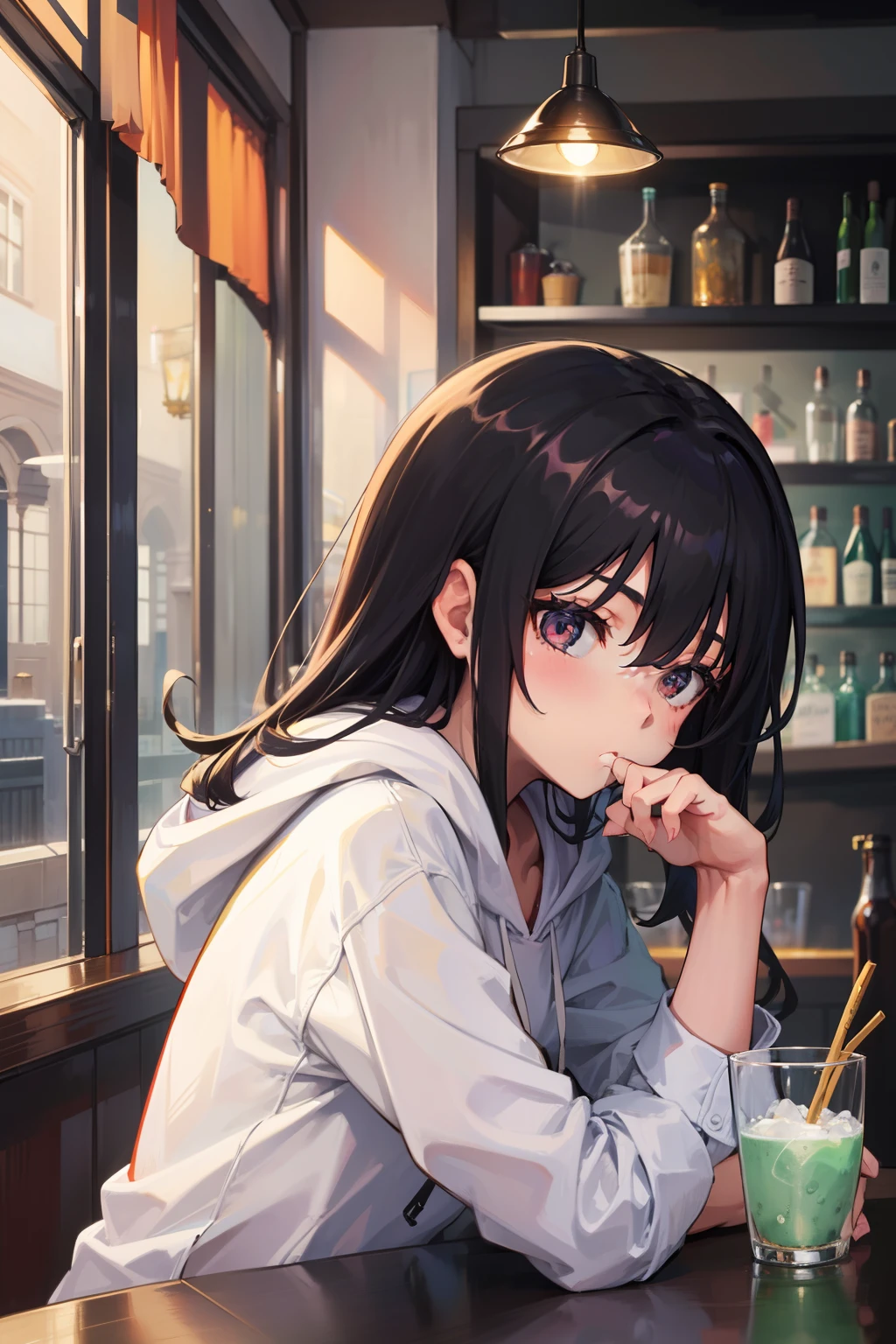 a bar counter,girl wearing hoodie,cabelos preto e longos、Tsundere