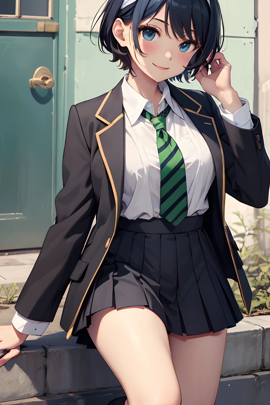 masterpiece, best quality, highres, 1girl, solo, skirt, jacket, shirt, blue eyes, white shirt, necktie, green necktie, black hair, pleated skirt, socks, diagonal-striped necktie, open jacket, open clothes, striped necktie, collared shirt, black jacket, black skirt, striped, blazer, short hair, long sleeves, bangs, school uniform, black socks, diagonal stripes, hairband, hair ribbon, ribbon, blue hairband, dress shirt, bow,  cowboy shot, smile,