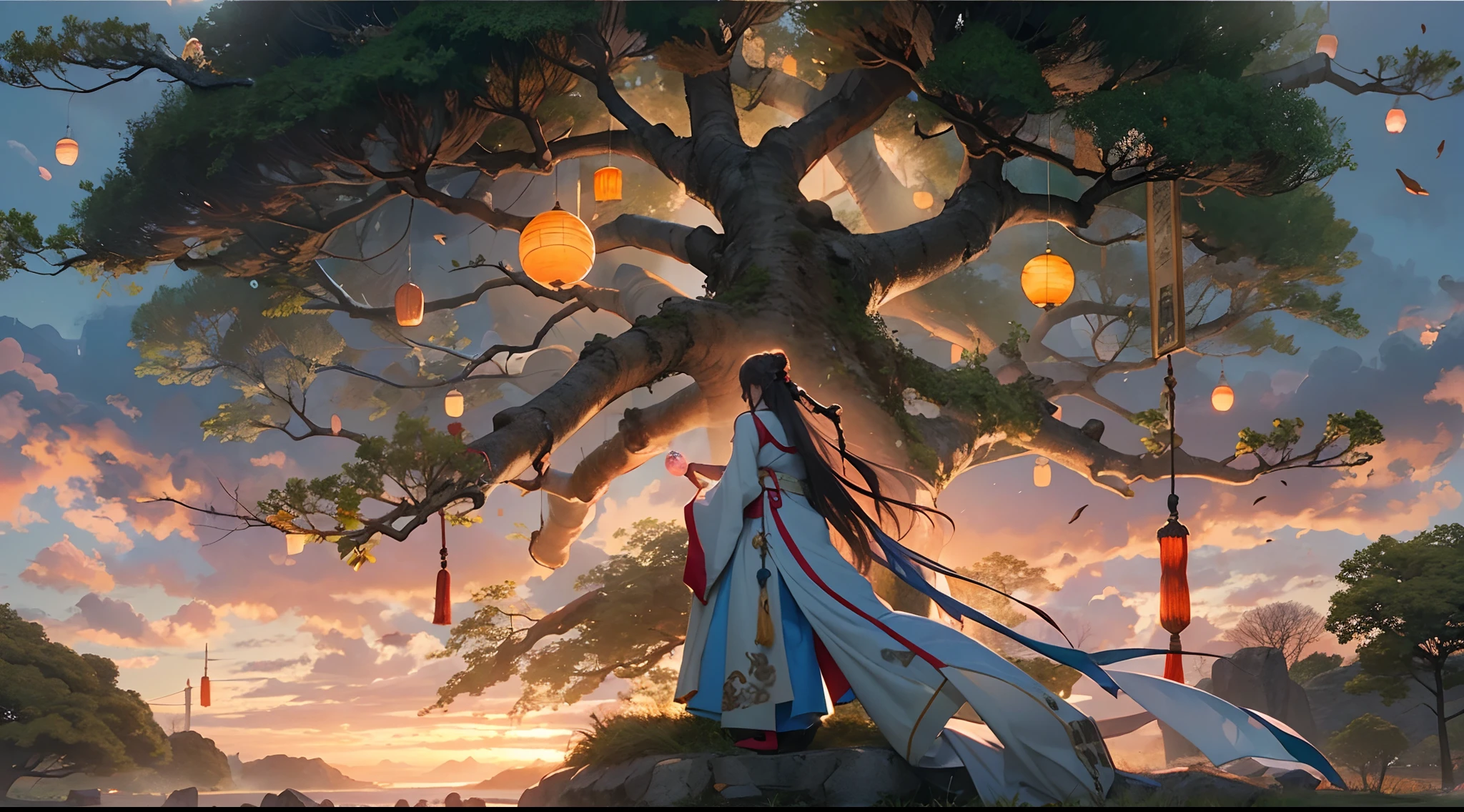 official art, unity 8k wallpaper, ultra detailed, beautiful and aesthetic, beautiful, masterpiece, mystery , emotional depth , atmospheric , supernatural , best quality, huge ancient fantasy tree , glowing tree , very little light balls around of tree , a assassin woman with long white hanfu and robe is standing in front of tree , woman is very little than tree , woman has a sword in hand and magic controlling , tree is emitting light ball , one side is darkness and other side is brightness , a little reddish sunset light , woman staring at tree , (view from back) , tree has very big roots , flower field , aesthetic , few big stone and little rock , (ultra detailed tree) , (ultra detailed art) , , (ultra detailed hanfu) , (ultra detailed field) , (ultra detailed sunset light)