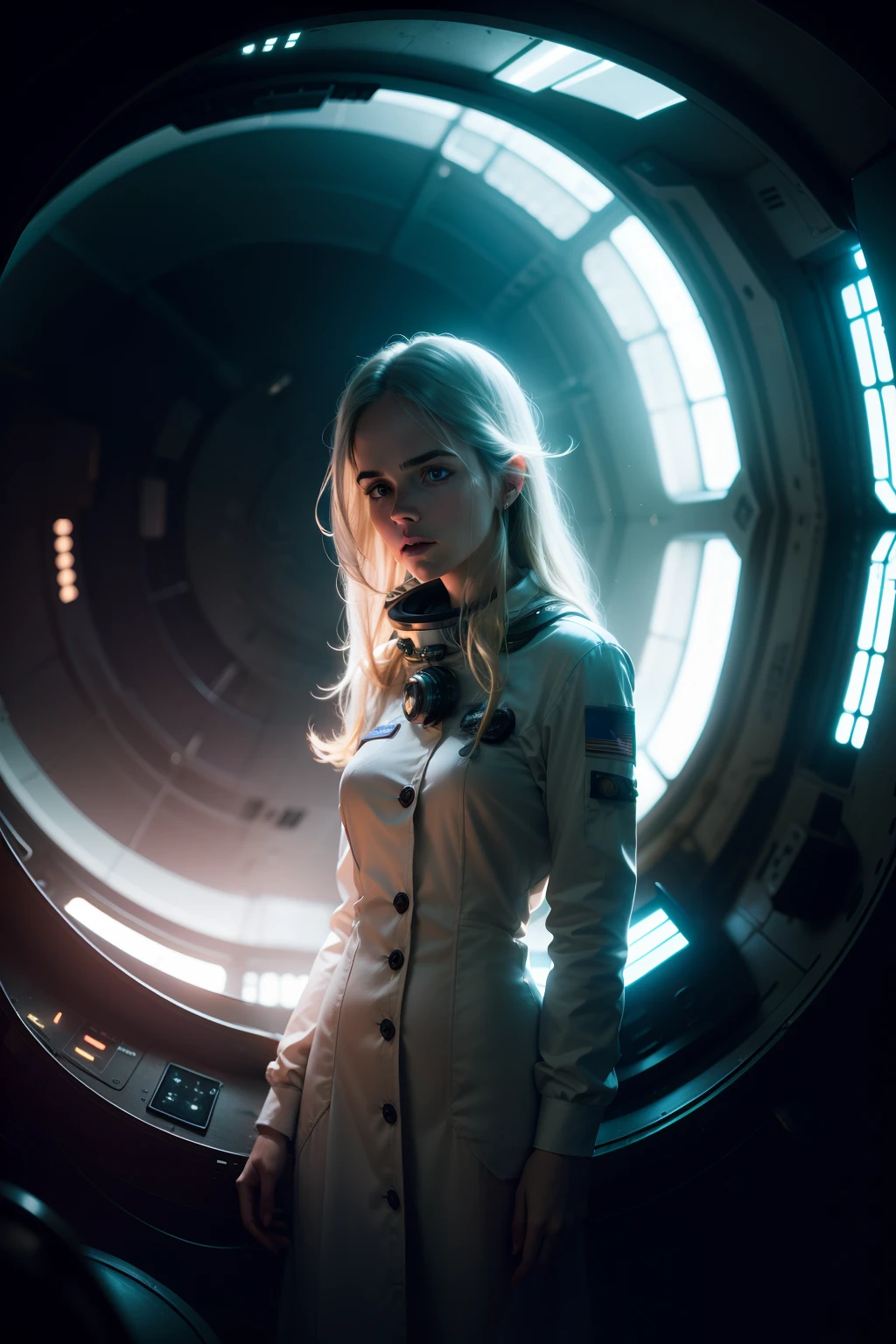 Isabel Lucas as a scientist working on Haunted Space Ship photography, natural light, photorealism, cinematic rendering, ray tracing, the highest quality, the highest detail, Cinematic, Third-Person View, Blur Effect, Long Exposure, 8K, Ultra-HD, Natural Lighting, Moody Lighting, Cinematic Lighting