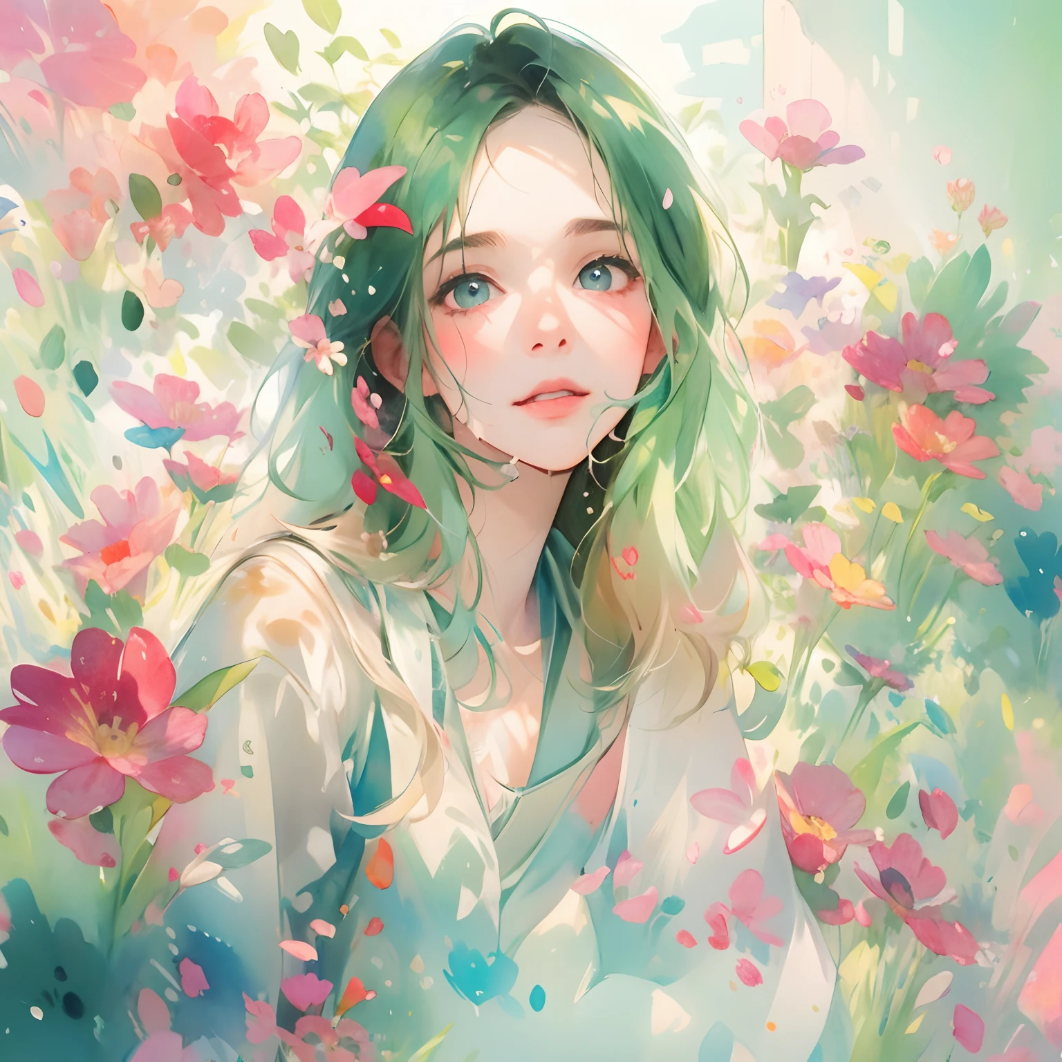 （best qualtiy，tmasterpiece，aquarelle，Splash ink），1 beautiful and delicate portrait of a girl，Playful and cute，Background Petals drifting