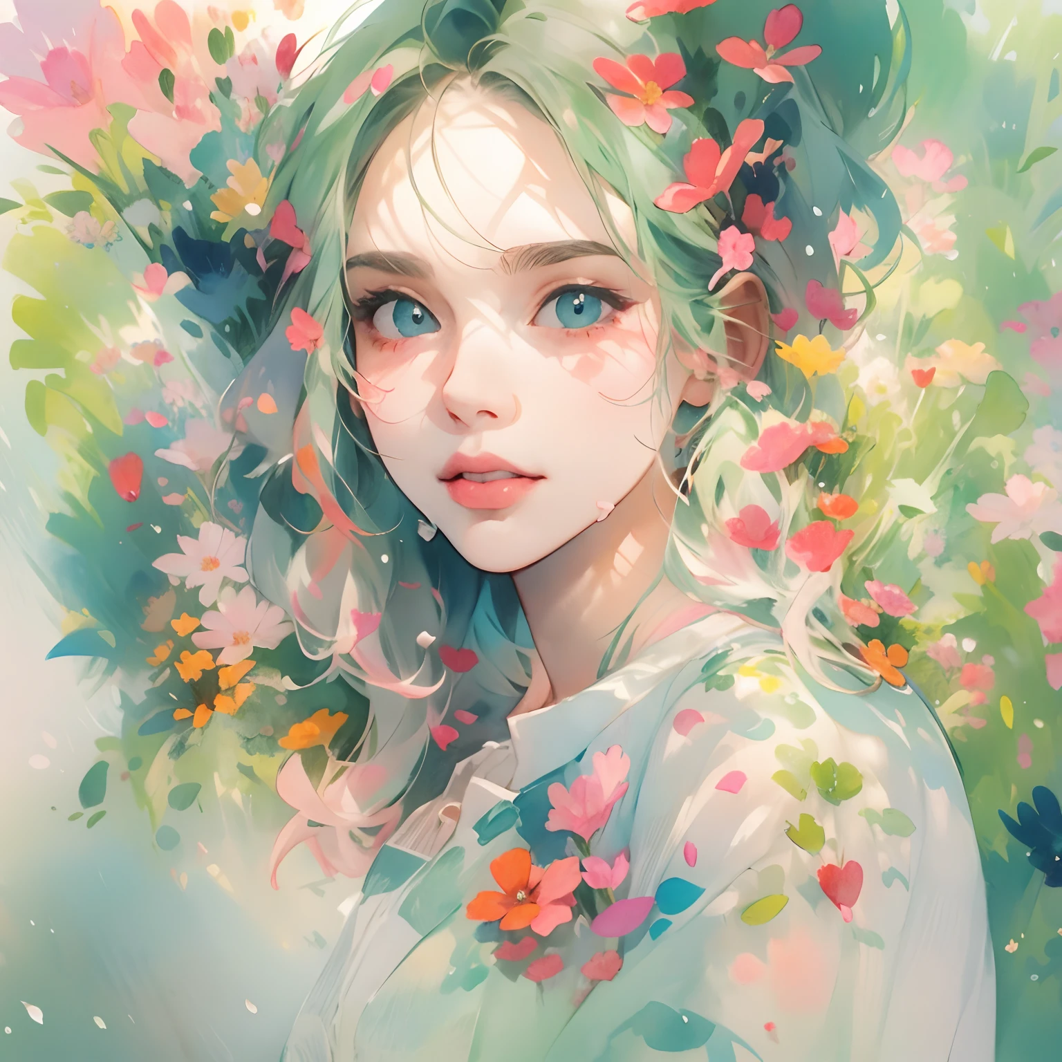 （best qualtiy，tmasterpiece，aquarelle，Splash ink），1 beautiful and delicate portrait of a girl，Playful and cute，Background Petals drifting