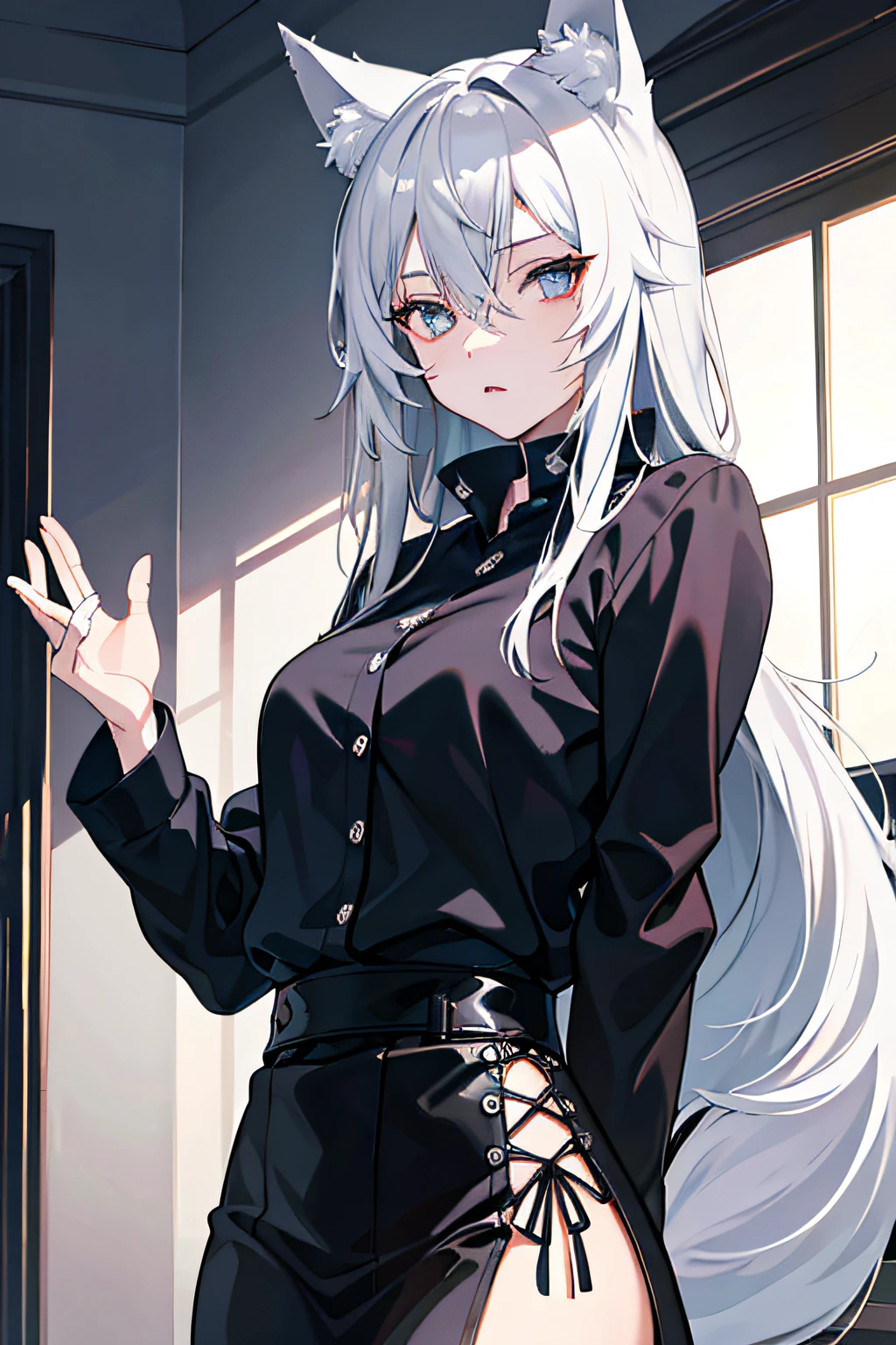 best qualtiy，tmasterpiece，The is very detailed，4K，Gray hair and shallow eyes，Drag cool expressions，Wolf ears，Erect scar on the left eye，British style，1girl，Absolutely beautiful，Dark style，Original anime art，Beautiful illustrations，Ruffian