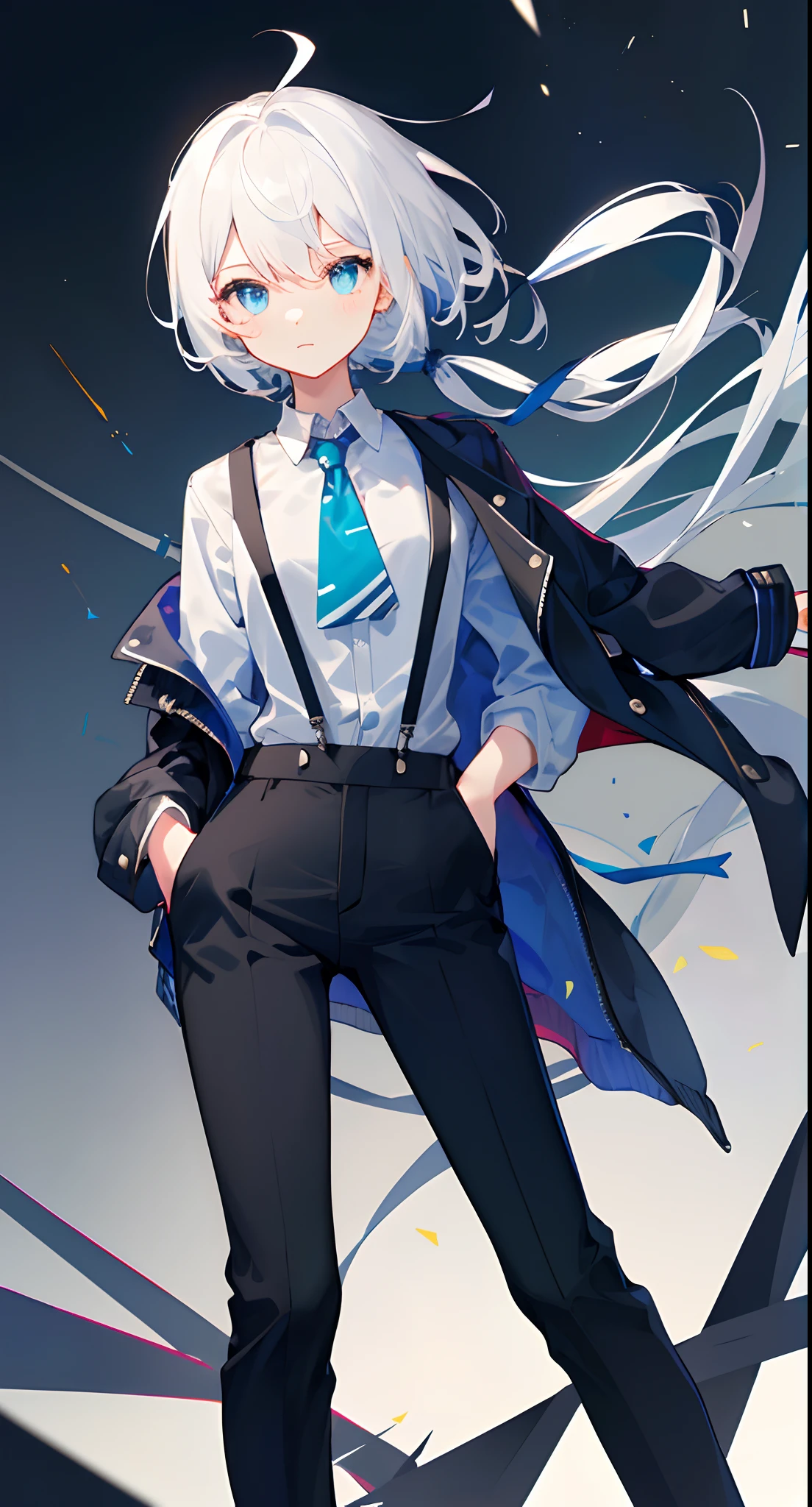 ((​masterpiece、top-quality)),1girl in, 独奏, contemportry,white  hair、Light blue shirt、black suspenders、Black slacks、tying  hair、One Binding、Dark blue jacket、a cool