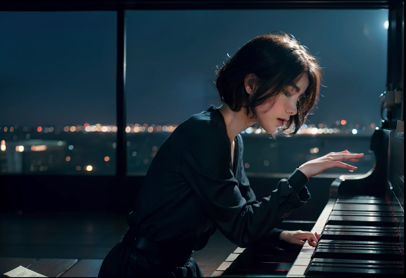 hands on the keys of a piano, beautiful, visual, beautiful, cinematographic, relaxing atmosphere, beautiful color palette in photography, film, La La Land style, photography that evokes emotions, cinematography, high resolution, perfect details, sadness, colors opaque, feeling