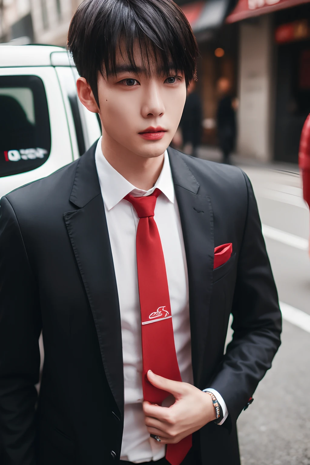 Asian male model on the street,and his wedding car,Cool red car,SLR in hand,Suit tie