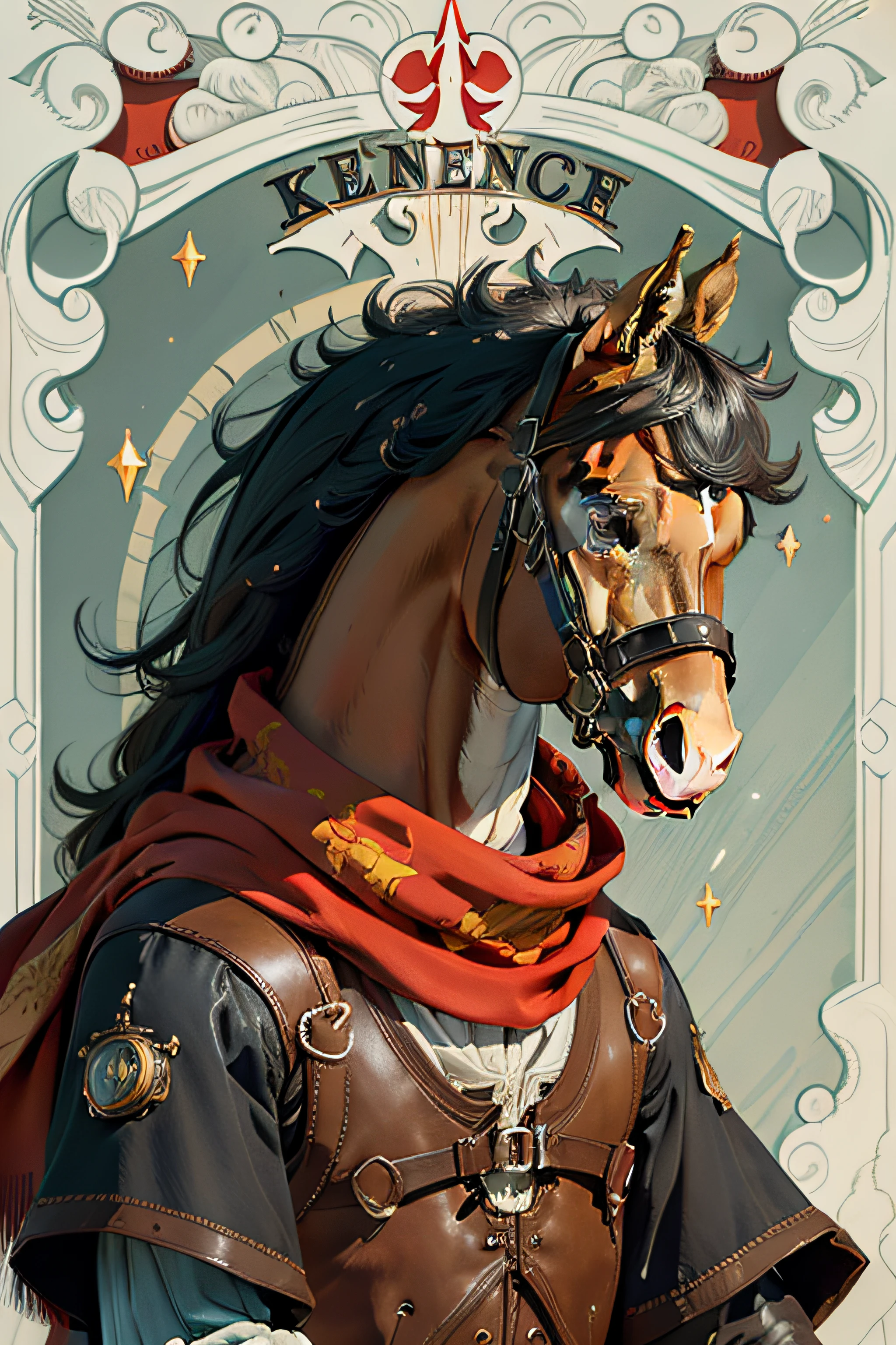 There was a horse wearing a red hat and a scarf, anthropomorphic horse, guy with horse head, final fantasy tactics character, anthropomorphic mare, Horse in costume astronaut, inspired by Heinrich Kley, portrait of bojack horseman, cavalos, “portrait of a cartoon animal, full-colour illustration, Steampunk horse, Man in horse suit