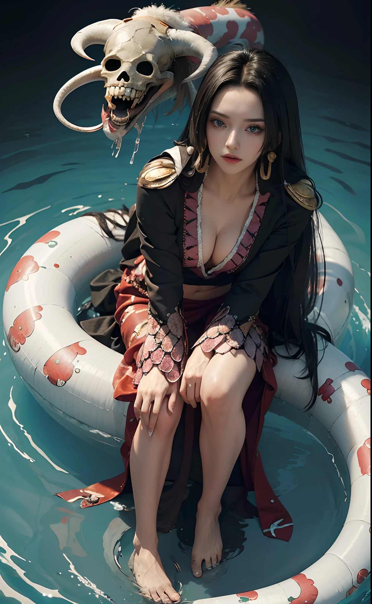 (((masterpiece+best quality+high resolution+ultra-detailed))), boa hancock, long silky black hair, high nose, sharp eyes, noble and inviolable temperament, (([female]: 1.2 + [beauty]: 1.2 + black long hair: 1.2)), snake_skull background, bright eyes, dynamic angle and posture, full body shot, perfect feets, beach, sea, water,