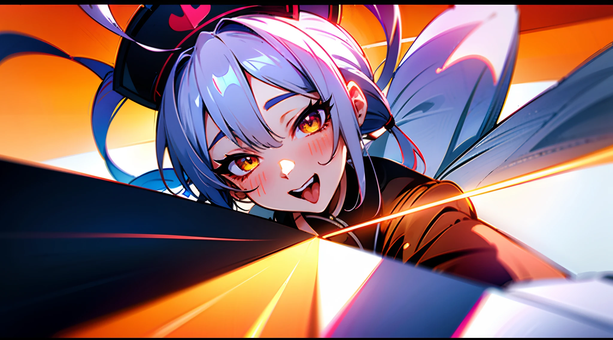 Glory to Kings, xiaocj, silver hair, nurse cap, tongue out, twintails, amber eyes, heart in eye, yandere, happy, oral invitation, drop shadow, tachi-e, panorama, anime, Romanticism, Futurism, anime style, UHD, 8k, masterpiece