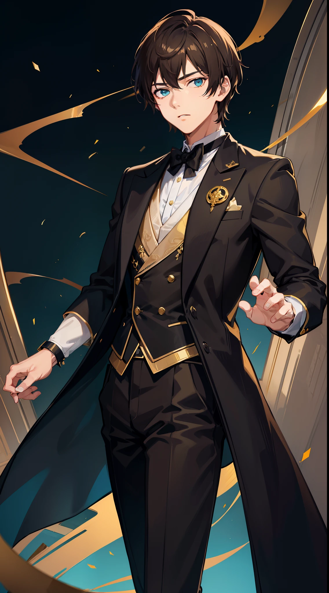 Young guy, short brown hair, Cyan eyes, Black suit with gold elements, Masterpiece, hiquality