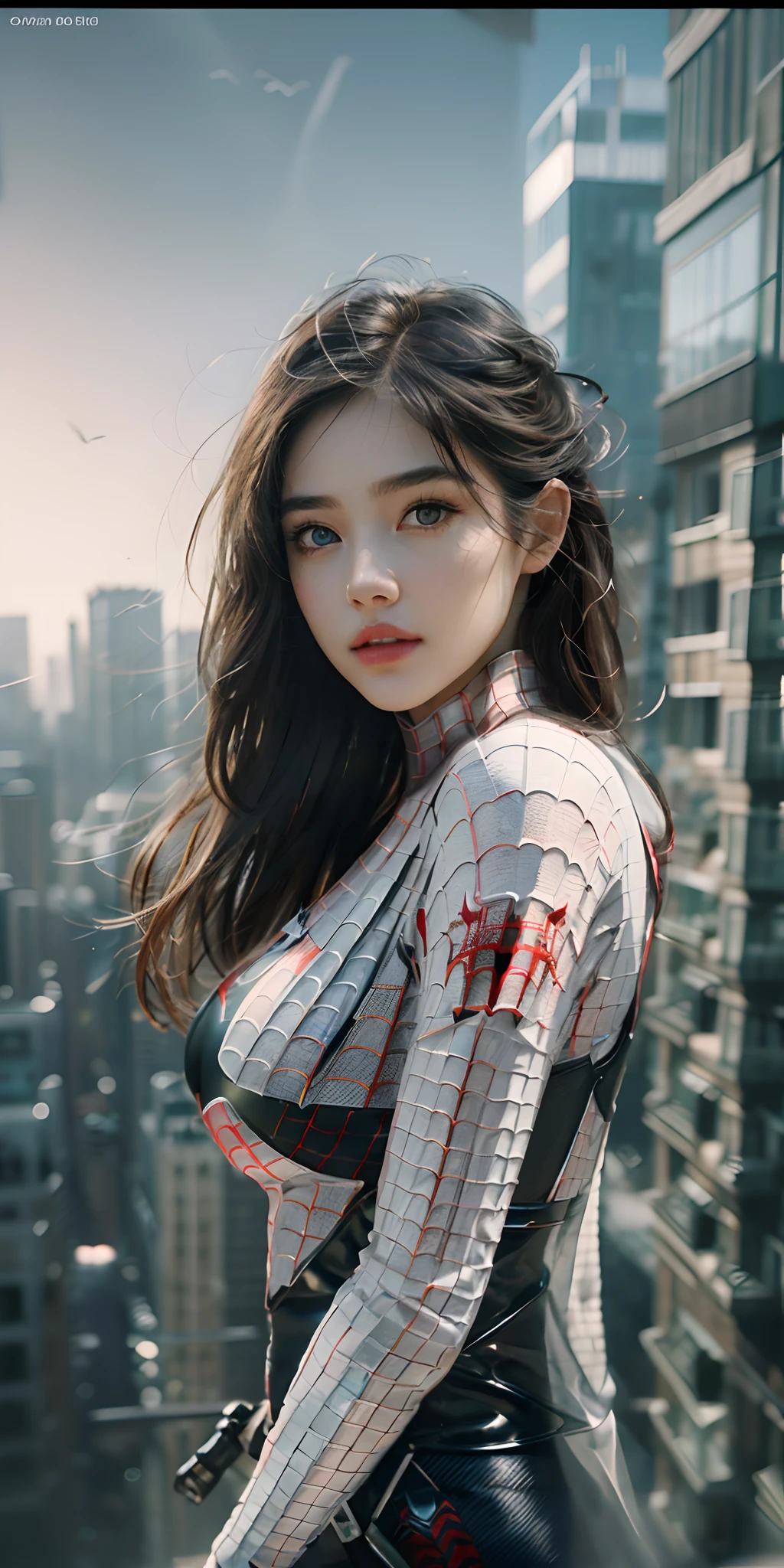 (1girl:1.3), solo, ((very detailed face)))), ((very detailed eyes and face))), beautiful detail eyes, body parts__, official art, unified 8k wallpaper, super detailed, beautiful and beautiful, beautiful, masterpiece, best quality, original, masterpiece, super fine photo, best quality, super high resolution, realistic realism, sunlight, full body portrait, amazing beauty, dynamic pose, delicate face, big breast, vibrant eyes, (from the front), she is wearing a Spider-Man suit, red and black color scheme, spider, very detailed city roof background, rooftop, overlooking the city, detailed face, detailed complex busy background, messy, gorgeous, milky white, highly detailed skin, realistic skin details, visible pores, clear focus, volumetric fog, 8k uhd, DSLR, high quality, film grain, fair skin, photo realism, lomography, futuristic dystopian giant metropolis, translucent