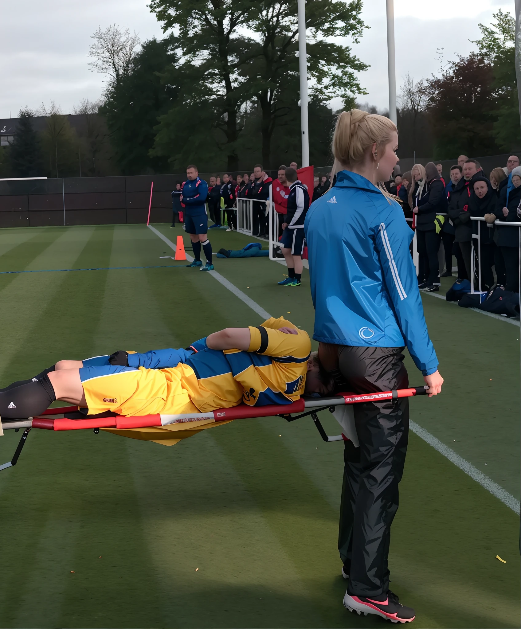 Football accident, Sportverletzung, Football match in a crowded stadium, Verletzungsszene, There is an athlete in a blue and yellow jersey lying sideways with his back to us and with his upper arm bent on the stretcher, There is an injured athlete lying on his side on a stretcher with his back to us and his head to the right, An injured athlete in sportswear made of matt cotton lies sideways with his head to the right and his back to us on a stretcher with his upper arm bent, which is worn by an extroverted blonde woman in a high-gloss long Moncler coat, Ein verletzter Sportler windet sich in Ekstase auf einer Trage, auf der Seite liegend, Dramatische Mitleidspose, Da ist eine blonde schreiende und weinende Frau in Hochglanz, bauschigen Mantel, a high-shine black down coat, Ein langer schwarzer Moncler-Mantel, ein Daunenmantel im Wetlook, ein nasser, schwarz lackierter Mantel, Eine aufgeregte, Screaming blonde woman wearing a black latex coat in wet look, verletzt, medizinisch, soccer action pose, Bedingung Pose, lecherous action pose, Dramatische Action-Pose, Theatralische Pose, Es gibt eine attraktive Frau, Einen Athleten in Sportbekleidung aus matter Baumwolle tragen, There is a beautiful woman in a shiny coat, einen Mann auf einer Trage tragen, a longhaired beautiful woman in a high-shine black puffy coat, a longhaired woman in a shiny downcoat, A woman carries a short-haired man in matte cotton sportswear on a stretcher, Ein schwacher Mann in kurzen Hosen ist bewusstlos und muss getragen werden, Ein kurzhaariger Mann mit bandagiertem Ellbogen wird auf einer Trage weggetragen, a woman looks very scared and terrified, Ein Sportler in Sportbekleidung aus matter Baumwolle leidet sehr unter einer Trage, Foto, Fotoshooting, fotografiert , Unfall, Hilfe, helfen, Erste Hilfe, Mitleid