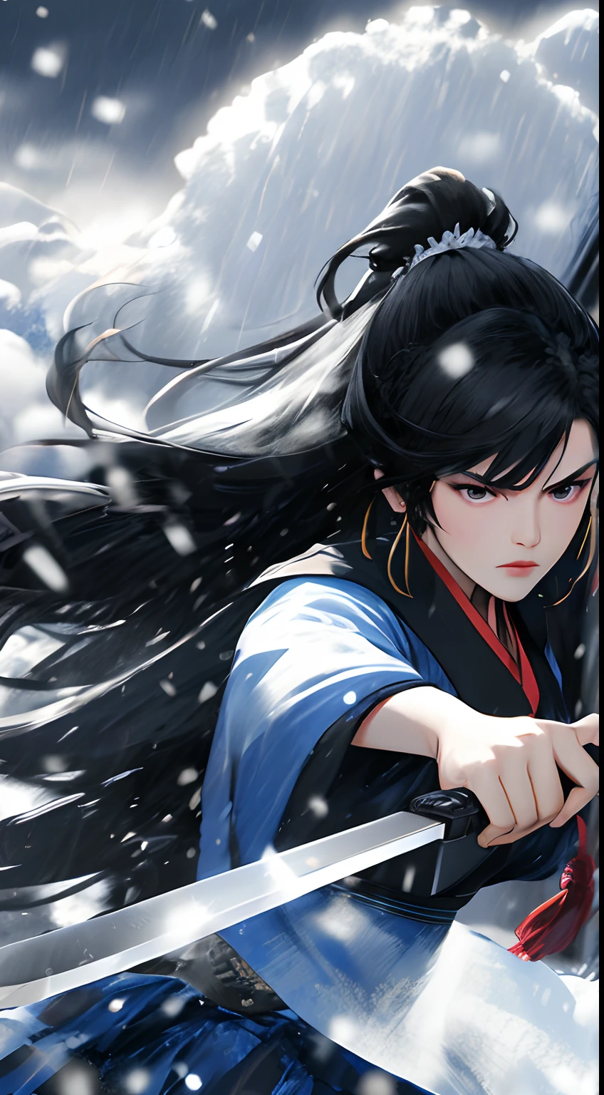 a woman and a man(two guys),Man with mustache,back-to-back,Hold a knife in your hand,The knife is in front of you,Gorgeous light gauze Hanfu,Angry expressions,Separate bangs,Raise an eyebrow,Ponytail hairstyle,Heavy snow fell,fightingpose,dynamic blur,Detailed representation,Third Person View,in a panoramic view,8k