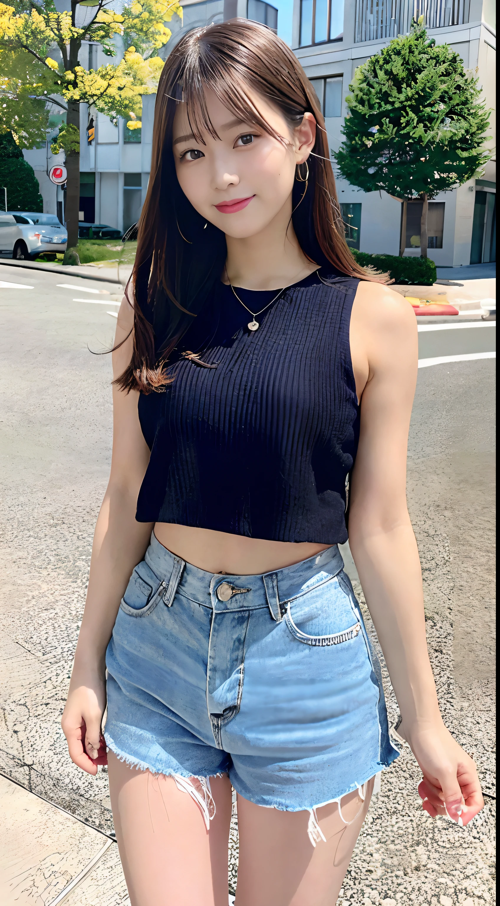 (8k, RAW photo, top quality, masterpiece: 1.2), (realistic, photorealistic: 1.37), ultra detail, ultra high resolution, pio apple, one girl, (smile: 1.2), beautiful detailed eyes, floating hair, bangs, skin texture, narrow waist, slim waist, (curve: 0.4), belly buttons, legs, movie lighting, professional lighting, light face, park, with dog, walking, sideways