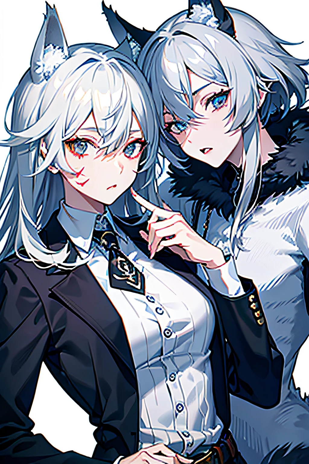 best qualtiy,tmasterpiece,The is very detailed,4K,Gray hair and shallow eyes,Drag cool expressions,Wolf ears,Erect scar on the left eye,British style,1girl,Absolutely beautiful