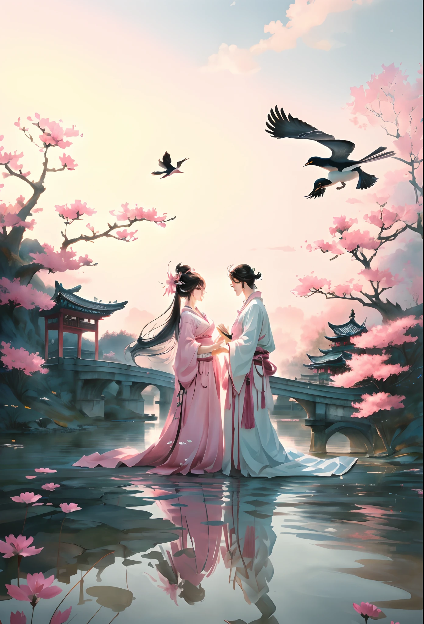 aquarelle,A couple standing on the bridge,The barefoot,Hanfu,Chinese style clothes,Arched bridge,Husband and wife look at each other,beautiful anime scenes,Loves,Reflection on the surface of the water,magpie,In pink,delicated,HighestQuali,(tmasterpiece:1,2),best qualtiy,tmasterpiece,Original,extremelydetailedwallpaper,Perfect lighting,(extremaly detailed cg:1.2)