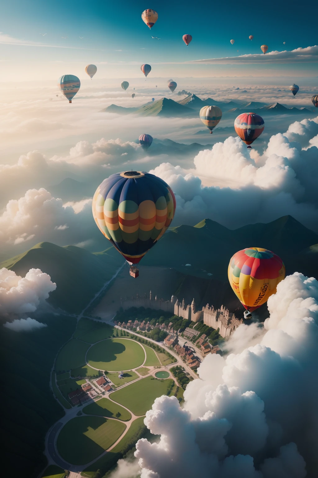Hot air balloons pass through the clouds,Bird's eye view of the village below