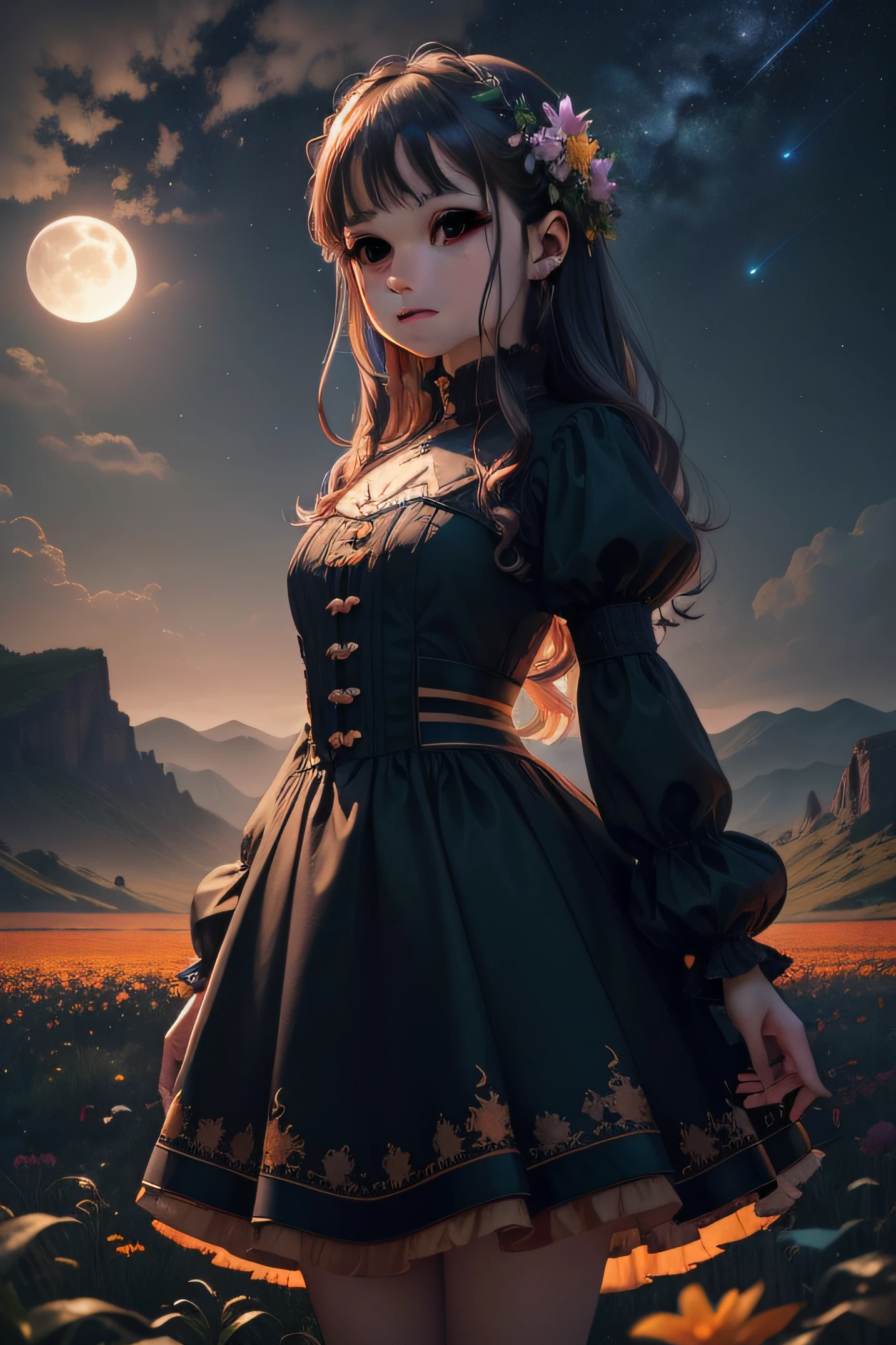 Expansive landscape photograph, (view from below with a view of the sky and wilderness below), girl standing in a flower field looking up, (full moon: 1.2), (shooting star: 0.9), (nebula: 1.3), distant mountain, tree break production art, (warm light source: 1.2), (firefly: 1.2), lamp, purple and orange, intricate detail, volume lighting, realism break (masterpiece: 1.2) (Best Quality), 4K, Ultra-Detailed, (Dynamic Configuration: 1.4), Highly Detailed and Colorful Details, (Iridescent Colors: 1.2), (Glowing Lighting, Atmospheric Lighting), Dreamy, Magical, (Solo: 1.2)