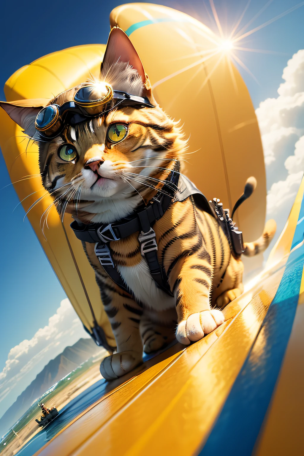 （（best qualtiy））， （（tmasterpiece））， Golden gradient cartoon cat，Amber eyes, Rainbow paragliding, Diving goggles