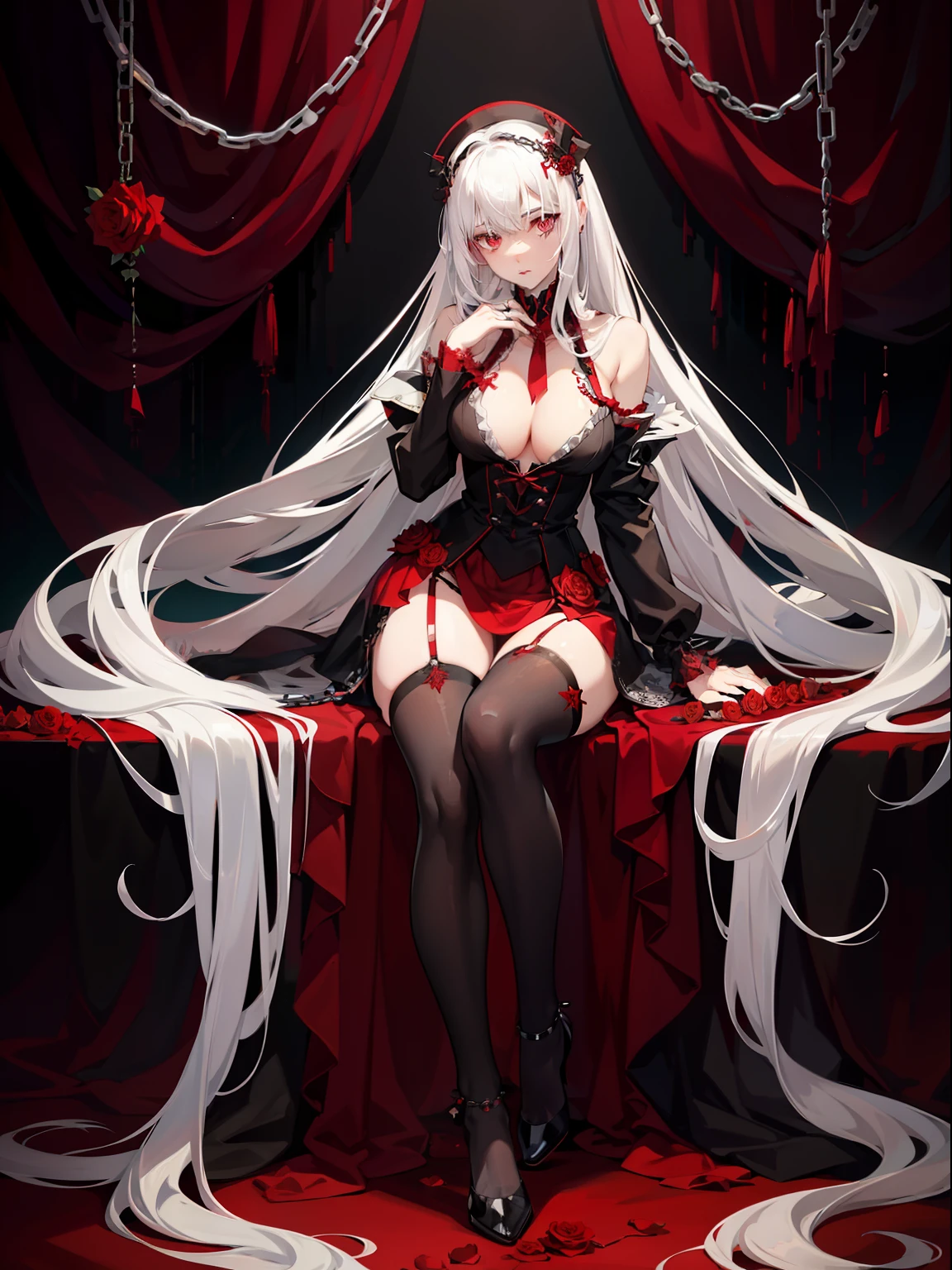White hair, red pupils, sickly, red roses, chains, girls, black stockings, large breasts, long hair, jk clothing,best quality,full body ,ultra-detailed,sex