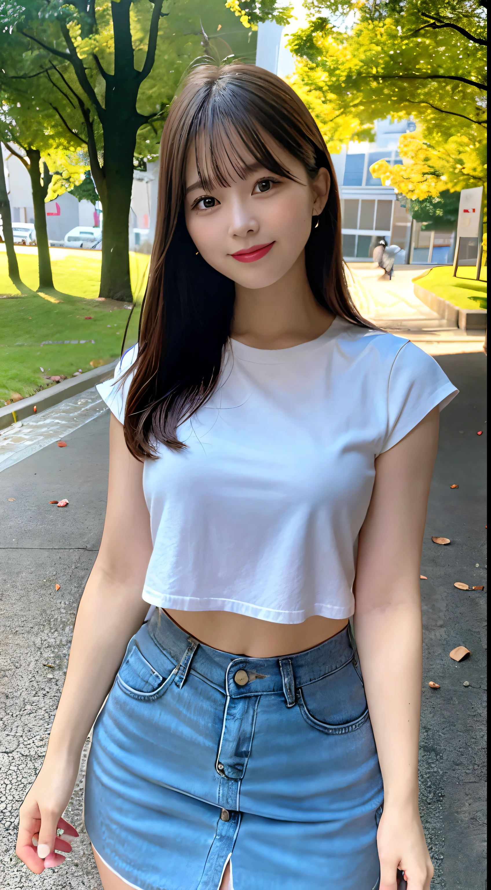 (8k, RAW photo, top quality, masterpiece: 1.2), (realistic, photorealistic: 1.37), ultra detail, ultra high resolution, pio apple, one girl, (smile: 1.2), beautiful detailed eyes, floating hair, bangs, skin texture, narrow waist, slim waist, (curve: 0.4), belly buttons, legs, movie lighting, professional lighting, light face, park, with dog, walking, sideways