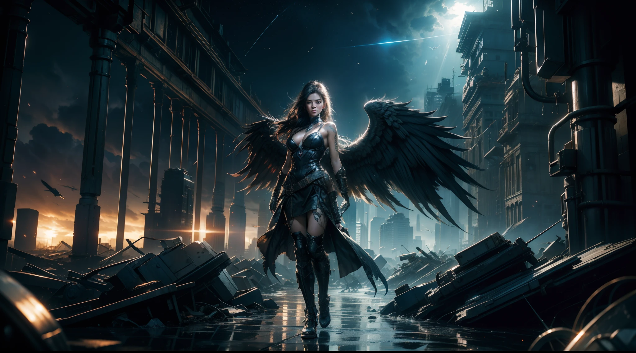 ((best qualtiy)), ((tmasterpiece)), ((Realistis)), (A detailed), (realisticlying:1.5),illusory engine, (High detail: 1.9),(femele:1.4),(big breasts beautiful: 1.4),(carismatic:1.3), (Large breasts), Female angel,Black feathered wings,beuaty girl,beauitful face, looking at viewert, dynamicposes, postapocalyptic, Destroyed city background, scientific fiction, hdr, Ray traching, NVIDIA RTX, Hyper-Resolution, Unreal 5, sub surface scattering, PBR textures, Post-processing, Anisotropic filtering, depth of fields, Maximum clarity and sharpness, trichotomy,8K original,(Luminous Particle:1.4),(VerydetailedCG,Unity 8k壁纸,cinmatic lighting,lens flare glow),Reflectors,Sharp focus,