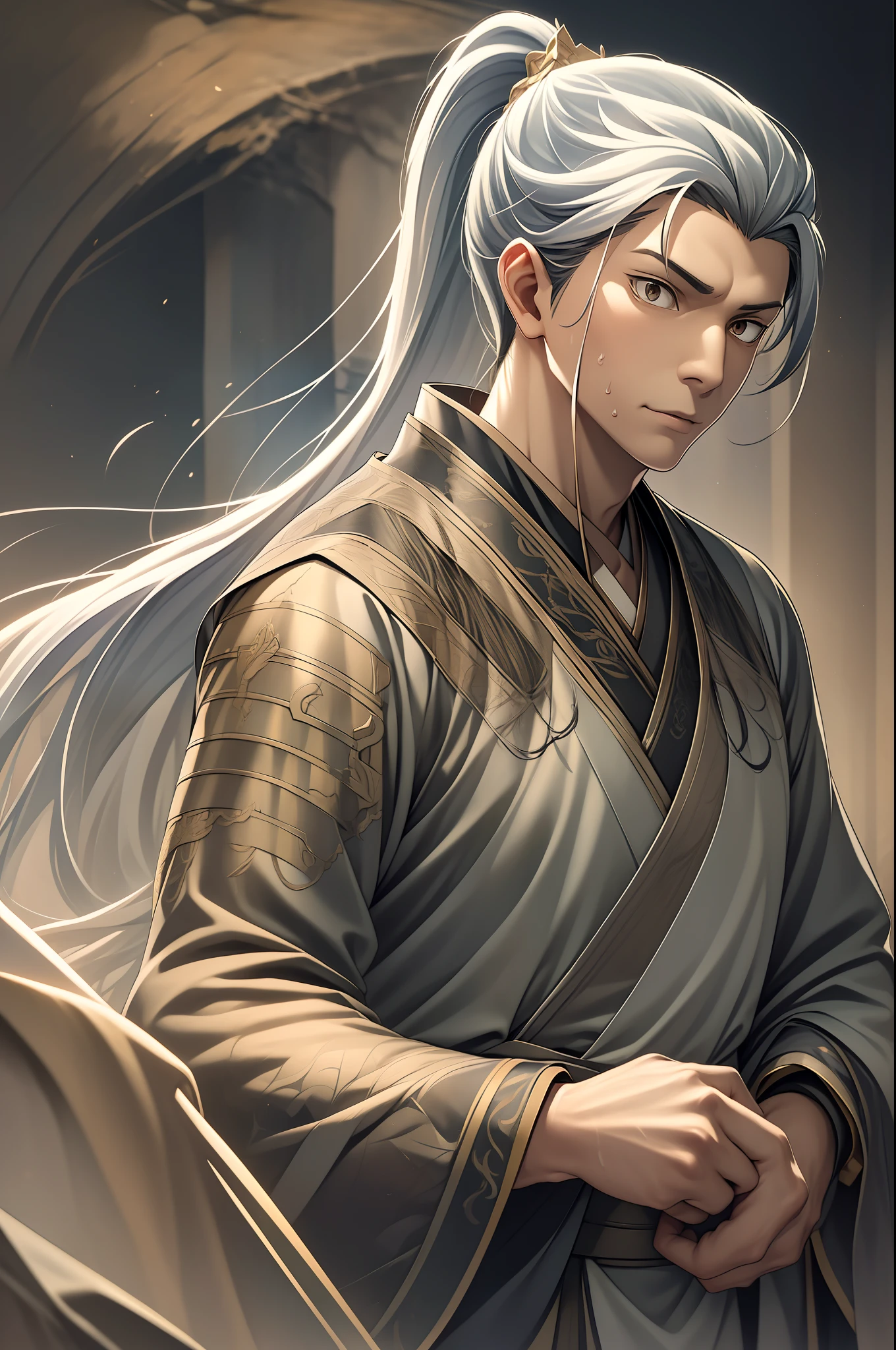 quadratic element，style of anime，mtu（Male Warrior），The proportions are correct，Face details，swordsmen，High ponytail hairstyle，Neck details，There is an Adam's apple，Black Hanfu，kaftan，Embroidered robes，Black robe，clothes details，Handing over，longer sleeves，Game quality，Swordsmanship，Light and shadow tracking，Ray traching，detailed glow，cg render，hair detail，long  white hair，Black eyes，Handsome，Handsome，（juvenile sense），Clothing is complicated，Perfectcomposition，Refinement，high qulity，higher details，Lots of details，The background is complex，a sense of atmosphere，