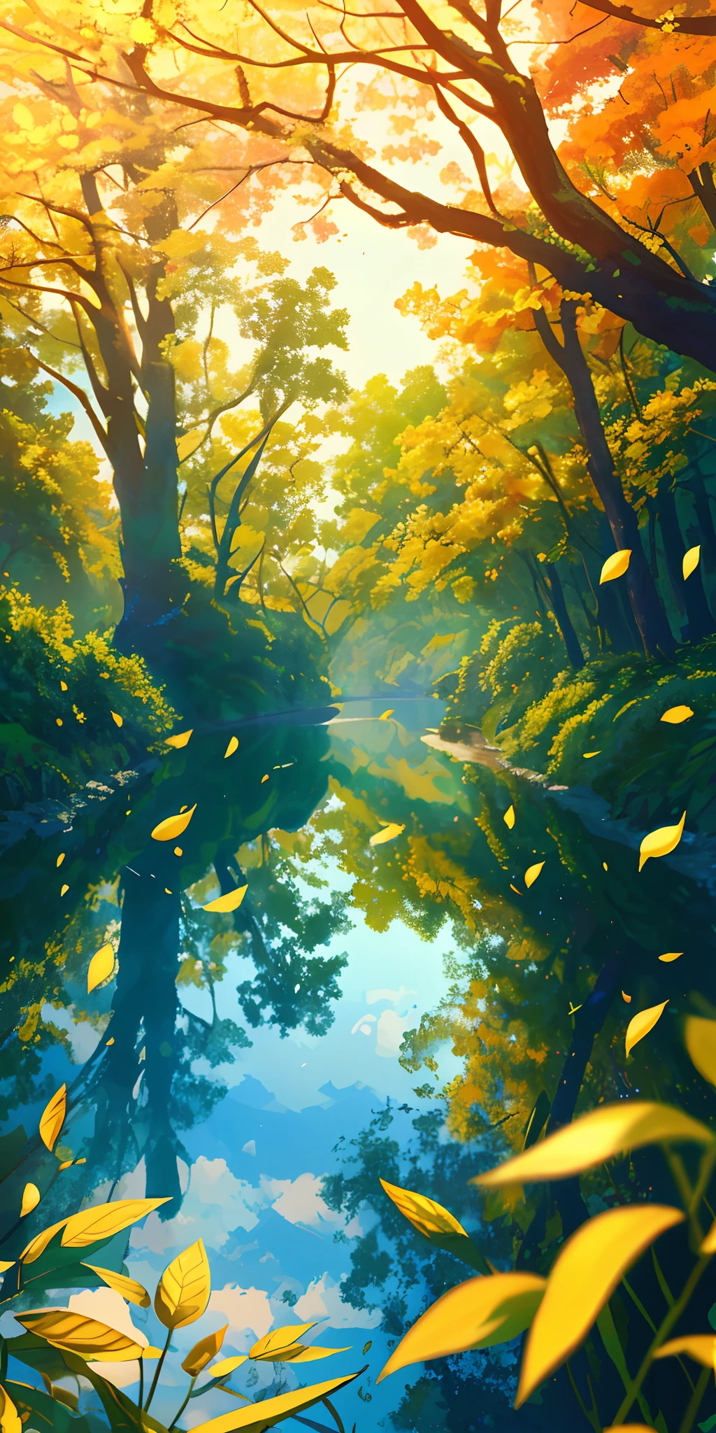 tmasterpiece,best qualtiy,(Very detailed CG unity 8k wallpaper)(best qualtiy),(Most Best Illustration),(best shadow) The delicate leaves of nature, petals of various colors fall in the air, light tracking,ultra-detailliert,lakeside --v6