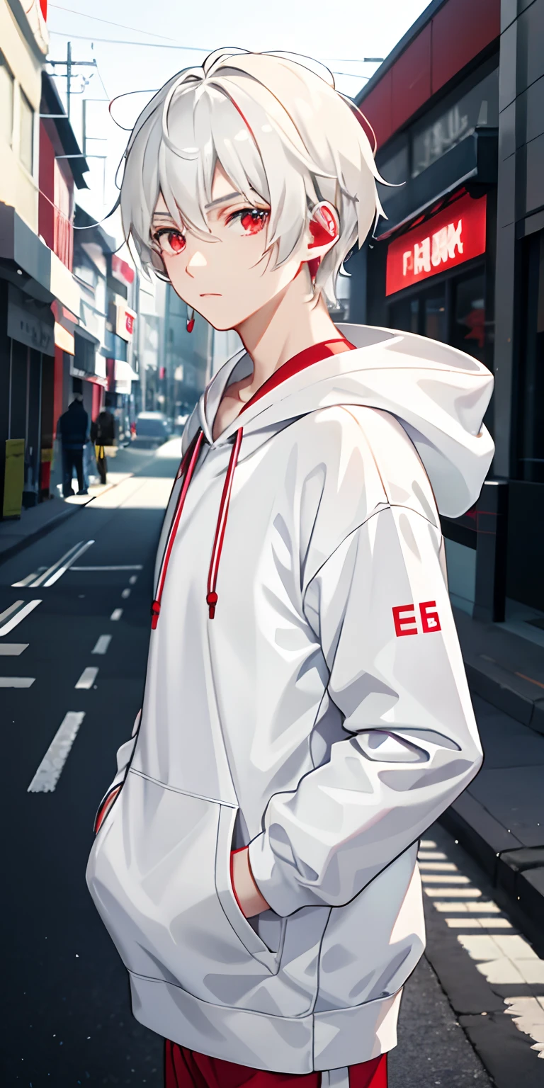 1boys，White anime short hair，red color eyes，White hooded sweatshirt，Red headphones hang around your neck，Grim expression，on road