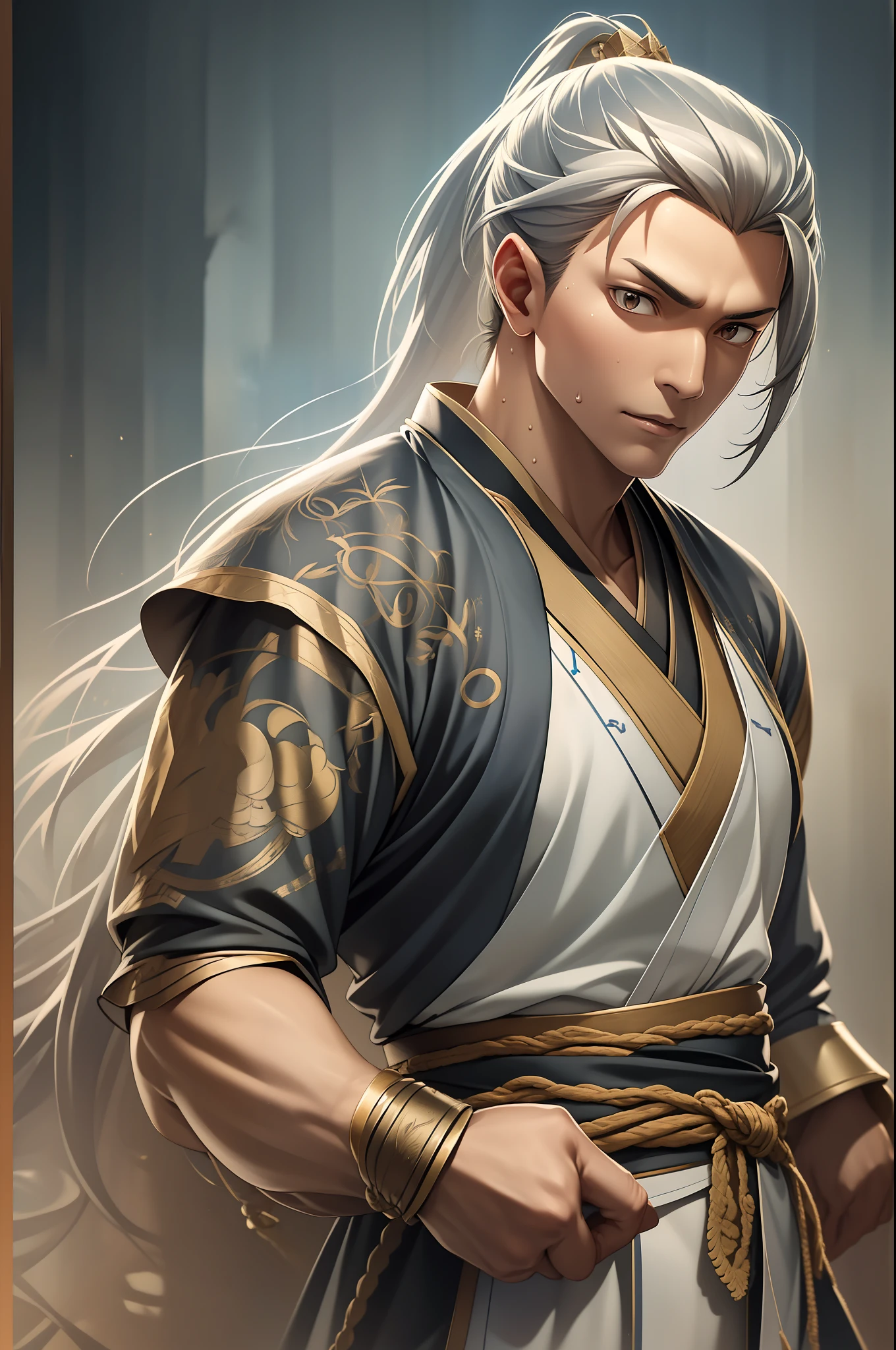 quadratic element，style of anime，mtu（Male Warrior），The proportions are correct，Face details，swordsmen，High ponytail hairstyle，Neck details，There is an Adam's apple，Black Hanfu，kaftan，Embroidered robes，Black robe，clothes details，Handing over，longer sleeves，Game quality，Swordsmanship，Light and shadow tracking，Ray traching，detailed glow，cg render，hair detail，long  white hair，Black eyes，Handsome，Handsome，（juvenile sense），Clothing is complicated，Perfectcomposition，Refinement，high qulity，higher details，Lots of details，The background is complex，a sense of atmosphere，
